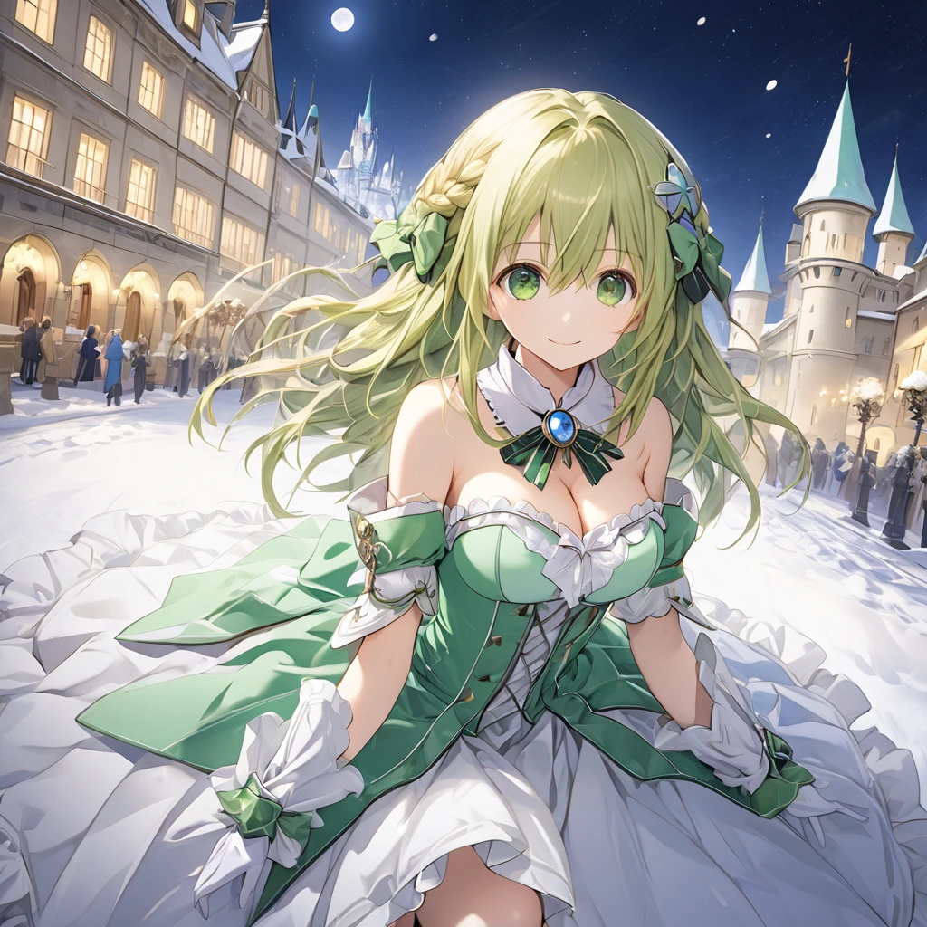 ( 1 girl), Green \(Neptunia )\, blonde hair, green eyes, long hair, french braid,(smile:1.5)、blush, (long sidelocks:1.5), ,( small tits:1.5),bare shoulders, cleavage,  large breasts, detached collar, frilled gloves, knee boots, bow, white footwear, brooch, armlet,snow,night、moon、European castle promenade、front、(whole body:1.5)、( perfect anatomy ),( best quality), ( ultra hi-res), (超 high definition ), ( Highly Detailed CG), (32K), (masterpiece)、eyesHD