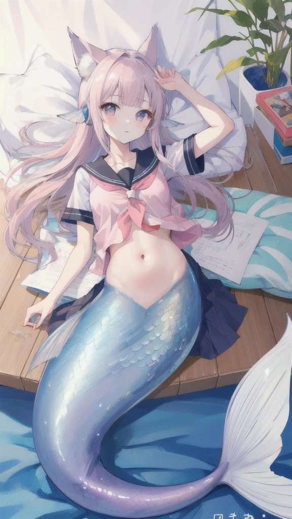 ( best quality, masterpiece), , mermaid, I am, white skin , Japanese girl ,daughter,black pink, Abdominal exposure, Fox ears, belly button t-shirt , 아름다운 소녀 Perfect picture, Perfect picture