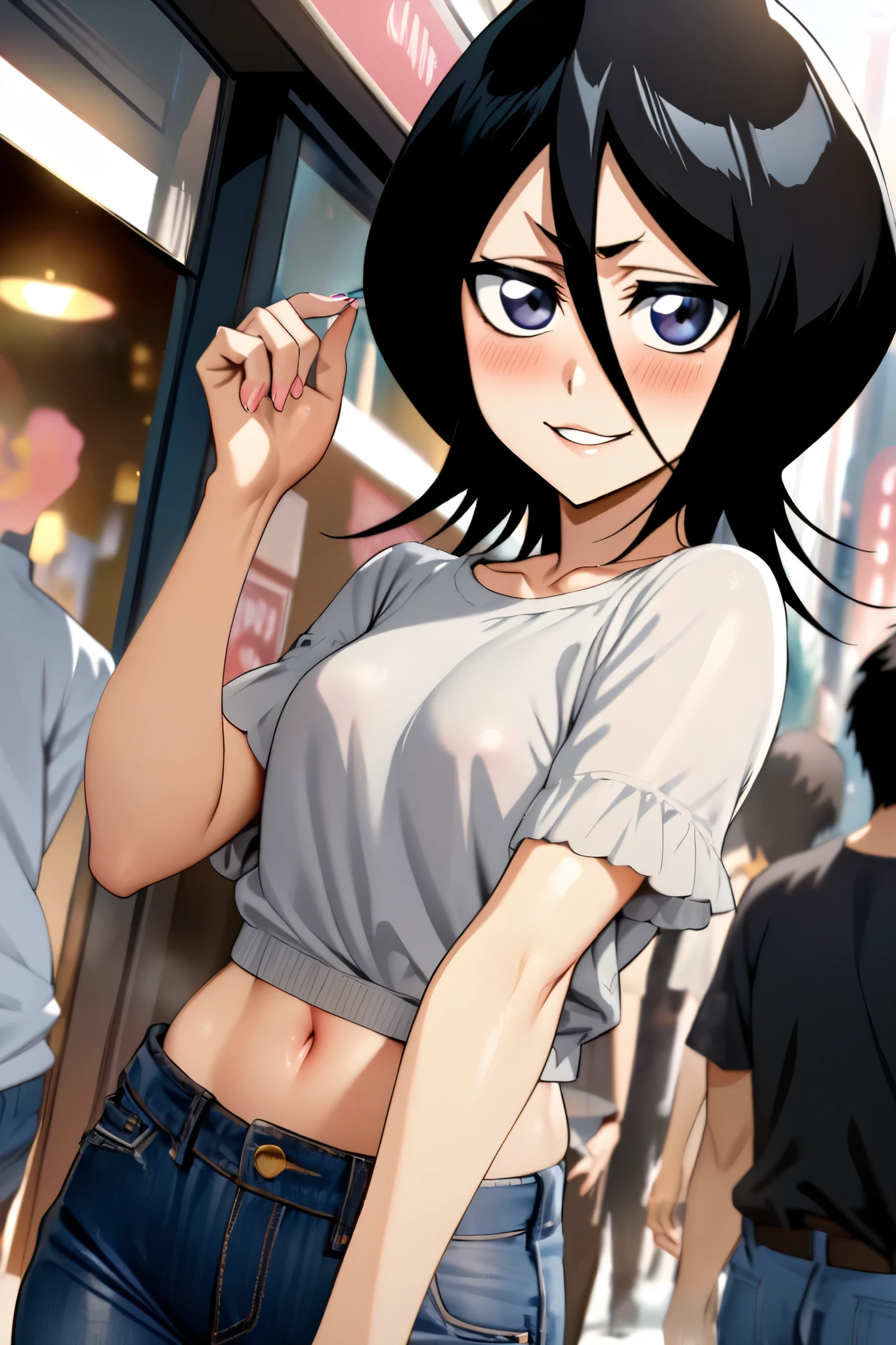 NSFW,masterpiece, top quality , high definition , very detailed, Kuchiki Rukia \(BLEACH\), short hair, black hair、 hair between eyes, Casual , crop top, Denim Shorts,bustling street,blush,smile