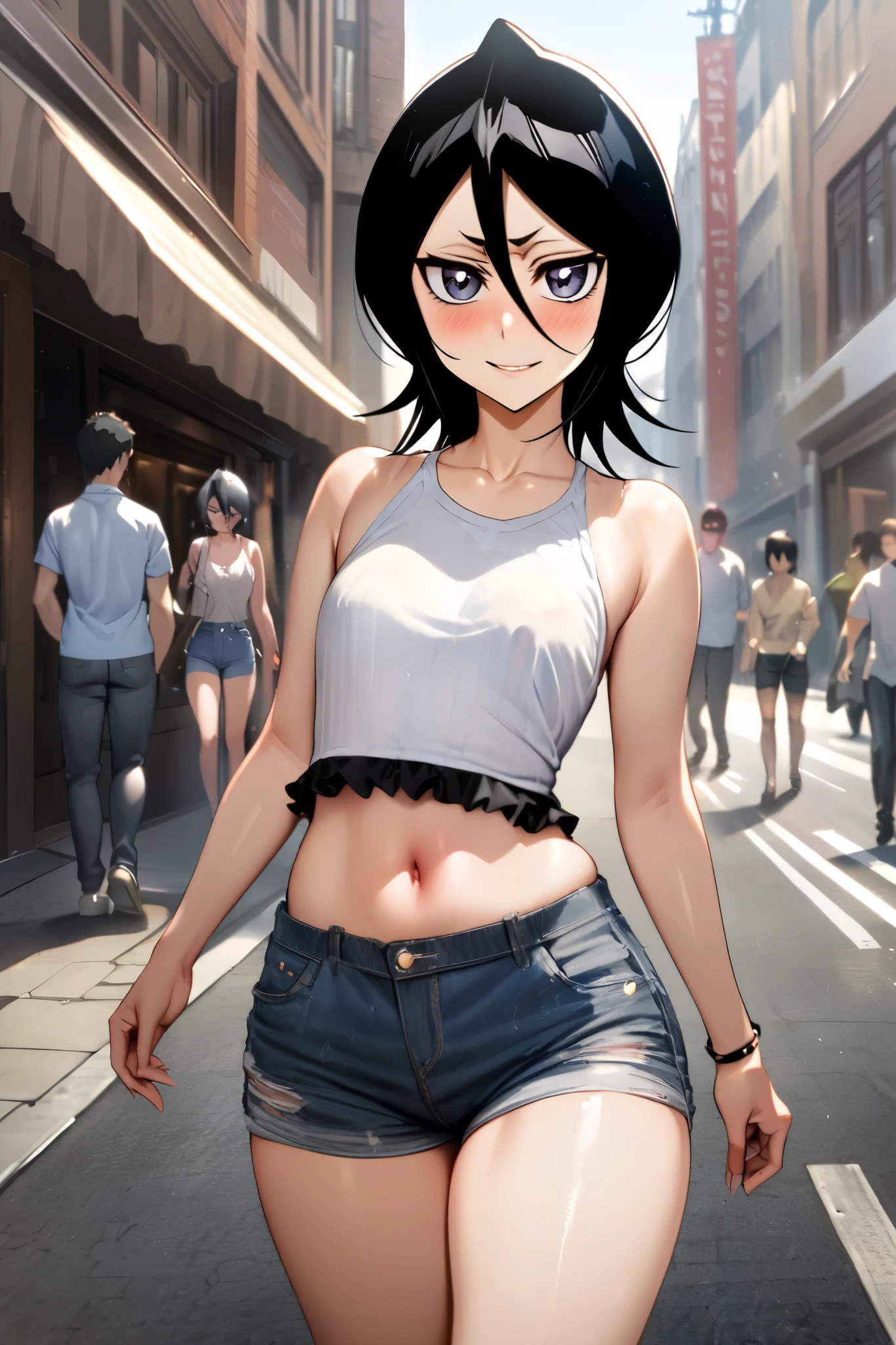 NSFW,masterpiece, top quality , high definition , very detailed, Kuchiki Rukia \(BLEACH\), short hair, black hair、 hair between eyes, Casual , crop top, Denim Shorts,bustling street,blush,smile