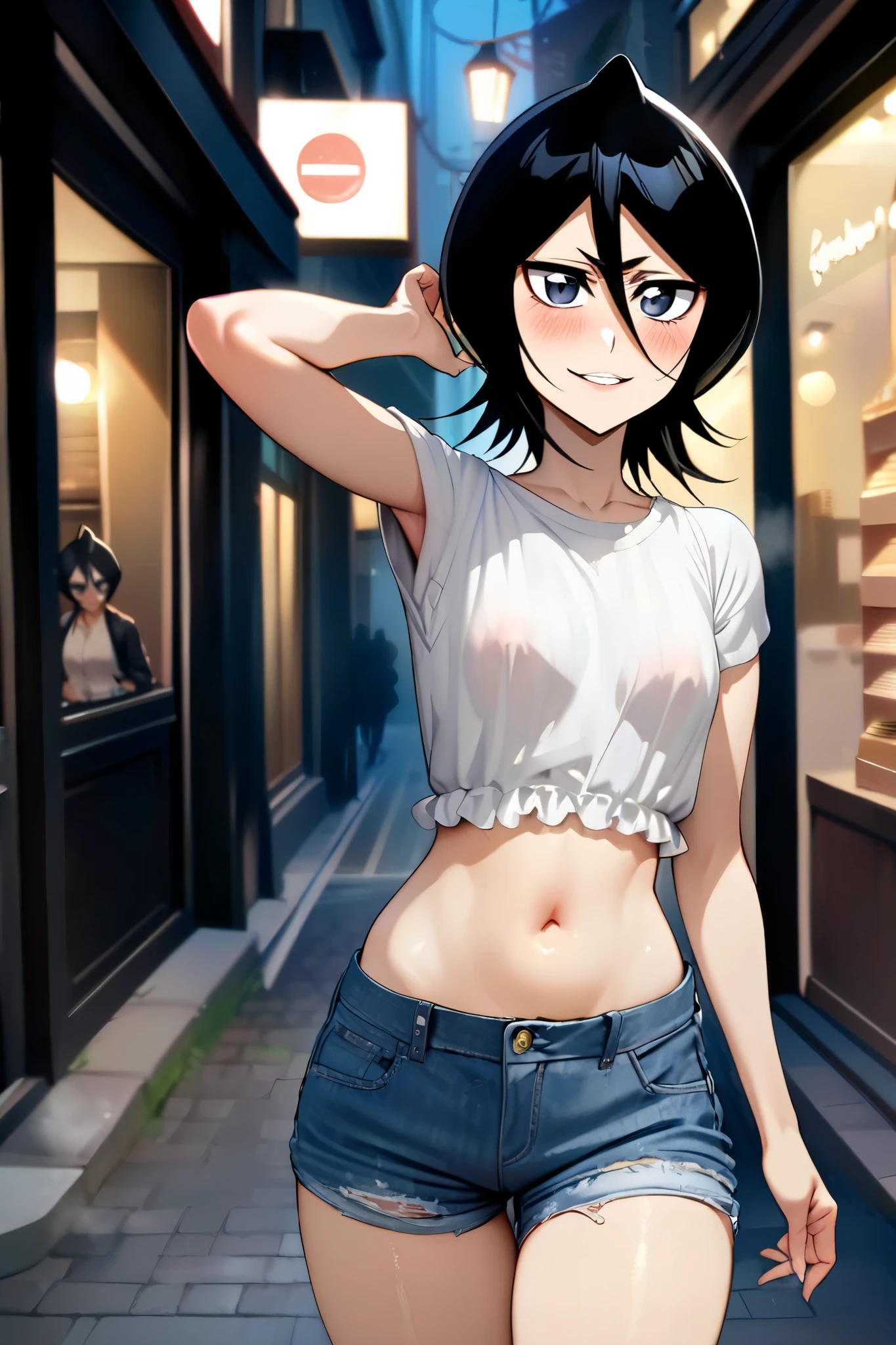 NSFW,masterpiece, top quality , high definition , very detailed, Kuchiki Rukia \(BLEACH\), short hair, black hair、 hair between eyes, Casual , crop top, Denim Shorts,bustling street,blush,smile