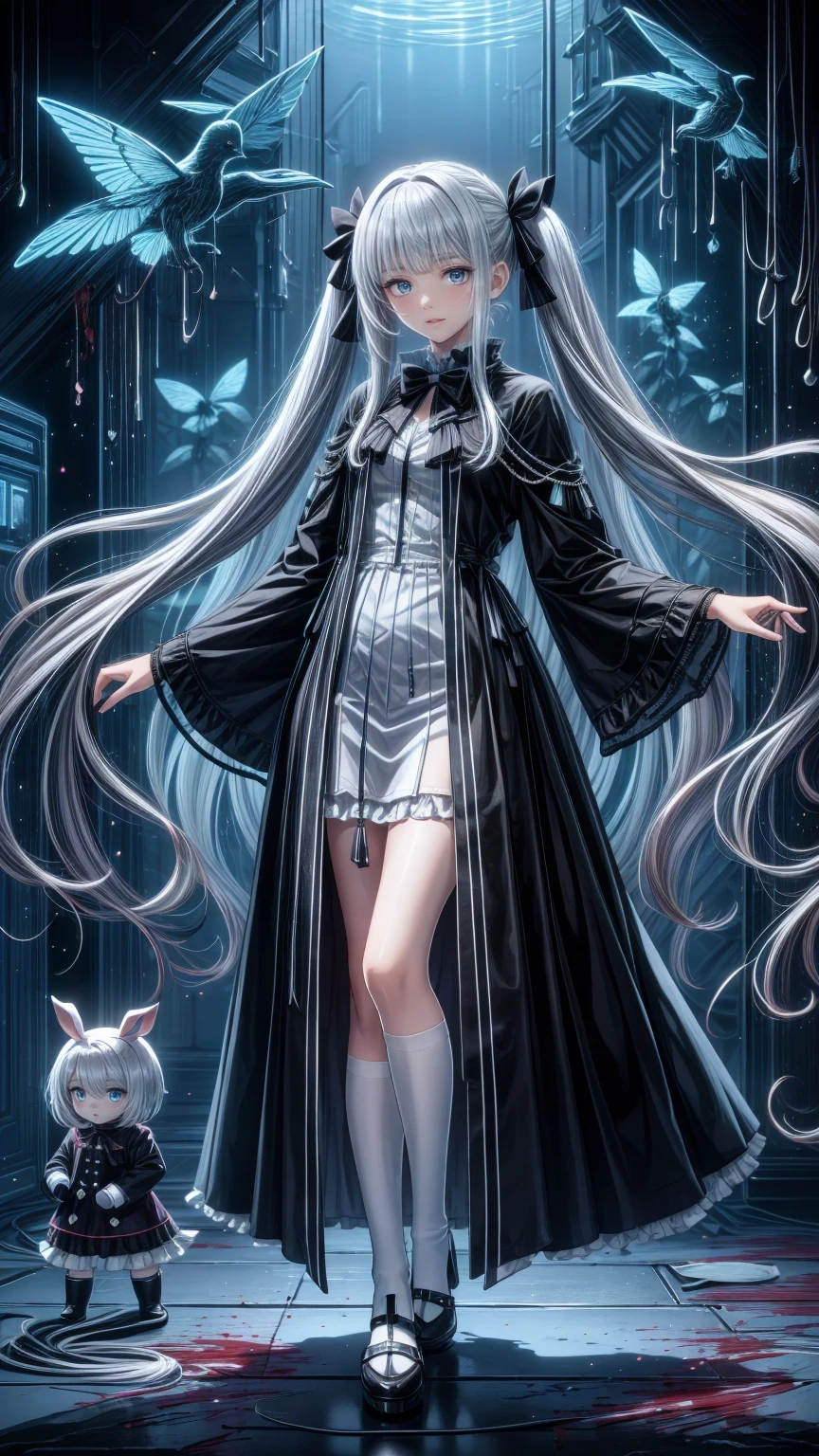 Tokyo ghoul style, woman, 22,  I'm wearing 2 pigtails on my long white wavy hair,  light blue bow accessory , white and baby blue  ****Tadres,  covered in blood splashes ,  White Knee High Socks ,   wearing 2 pigtails in the long white wavy hair of a toy rabbit with stitches  , 成人woman,  mature,  gray eyes, glass, smile,  standing on top of a bloodstained   ,  black Mary Jane ,   headless doll on the ground  ,   cut stuffed animal  
