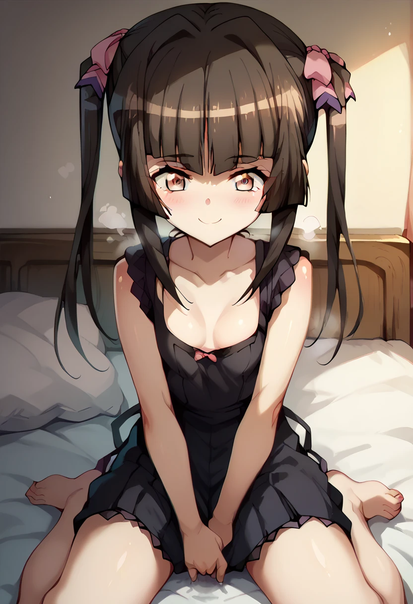 shirabe tsukuyomi, black dress,open clothes,in the bed,deep masturbation,steam,smile,uneasiness face,tremble body,,nsfw