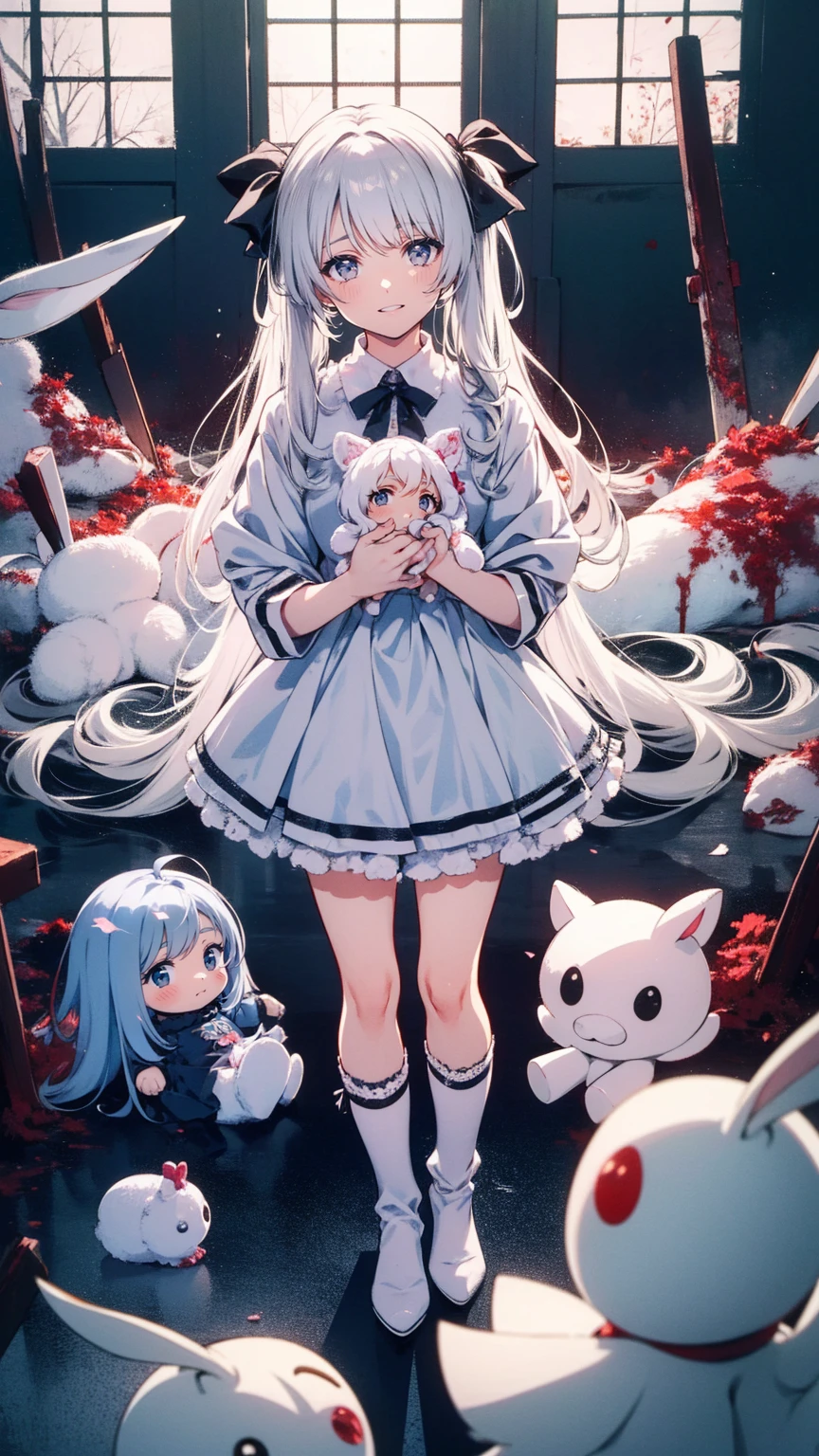 Tokyo ghoul style, woman, 22,  I'm wearing 2 pigtails on my long white wavy hair,  light blue bow accessory , white and baby blue  ****Tadres,  covered in blood splashes ,  White Knee High Socks ,   wearing 2 pigtails in the long white wavy hair of a toy rabbit with stitches  , 成人woman,  mature,  gray eyes, glass, smile,  standing on top of a bloodstained   ,  black Mary Jane ,   headless doll on the ground  ,   cut stuffed animal  
