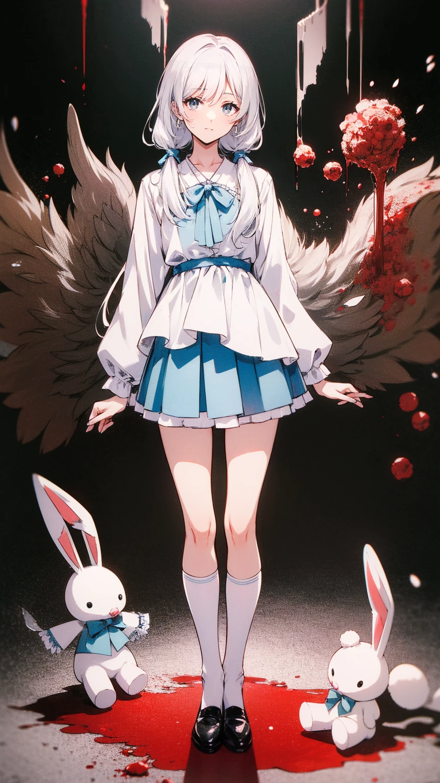 Tokyo ghoul style, woman, 22,  I'm wearing 2 pigtails on my long white wavy hair,  light blue bow accessory , white and baby blue  ****Tadres,  covered in blood splashes ,  White Knee High Socks ,   wearing 2 pigtails in the long white wavy hair of a toy rabbit with stitches  , 成人woman,  mature,  gray eyes, glass, smile,  standing on top of a bloodstained   ,  black Mary Jane ,   headless doll on the ground  ,   cut stuffed animal  
