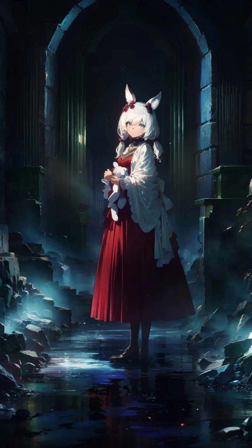 Tokyo ghoul style, woman, 22,  I'm wearing 2 pigtails on my long white wavy hair,  light blue bow accessory , white and baby blue  ****Tadres,  covered in blood splashes ,  White Knee High Socks ,   wearing 2 pigtails in the long white wavy hair of a toy rabbit with stitches  , 成人woman,  mature,  gray eyes, glass, smile,  standing on top of a bloodstained   ,  black Mary Jane ,   headless doll on the ground  ,   cut stuffed animal  
