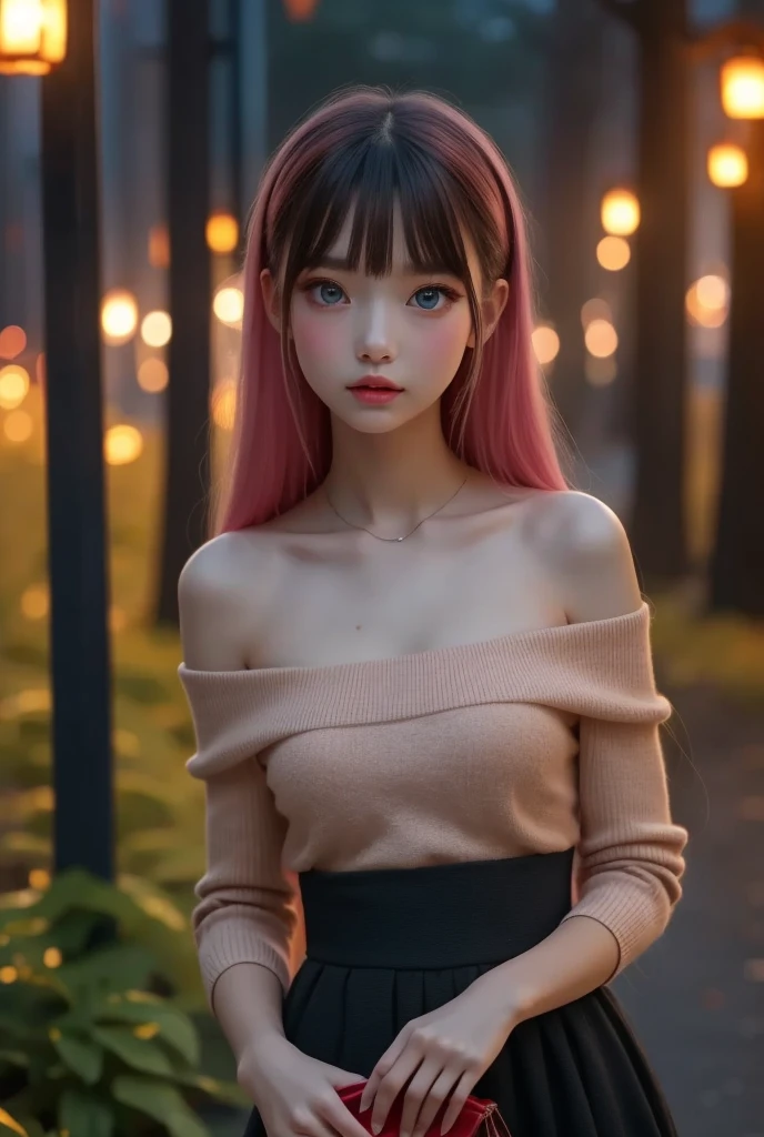 Very realistic, Hyperrealism , super real , (masterpiece, refined eyes with attention to detail : 1.2), (cute), -yeld gishe is a girl with smooth shiny black pink hair.,age 15 、 mas Decorations at Night at the Park When Snow Pours and Pile Up、 stand with a Christmas present in your hand, red ribbon、The length of the hair is shoulder length , Contrasting with her very pale skin. your eyes are deep blue , plump, Shiny pink lips . Her gaze is sharp 、mysteries.. She has a clear face, beautiful face and sharp expression , off shoulder、white mini sweater dress、 black tights,Black High Heels,