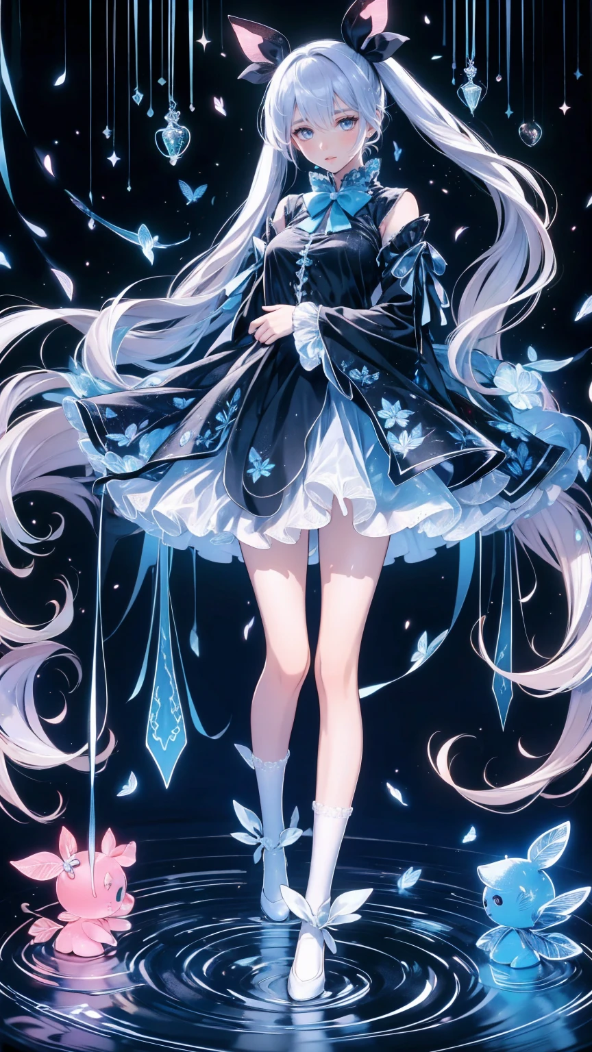 Tokyo ghoul style, woman, 22,  I'm wearing 2 pigtails on my long white wavy hair,  light blue bow accessory , white and baby blue  ****Tadres,  covered in blood splashes ,  White Knee High Socks ,   wearing 2 pigtails in the long white wavy hair of a toy rabbit with stitches  , 成人woman,  mature,  gray eyes, glass, smile,  standing on top of a bloodstained   ,  black Mary Jane ,   headless doll on the ground  ,   cut stuffed animal  
