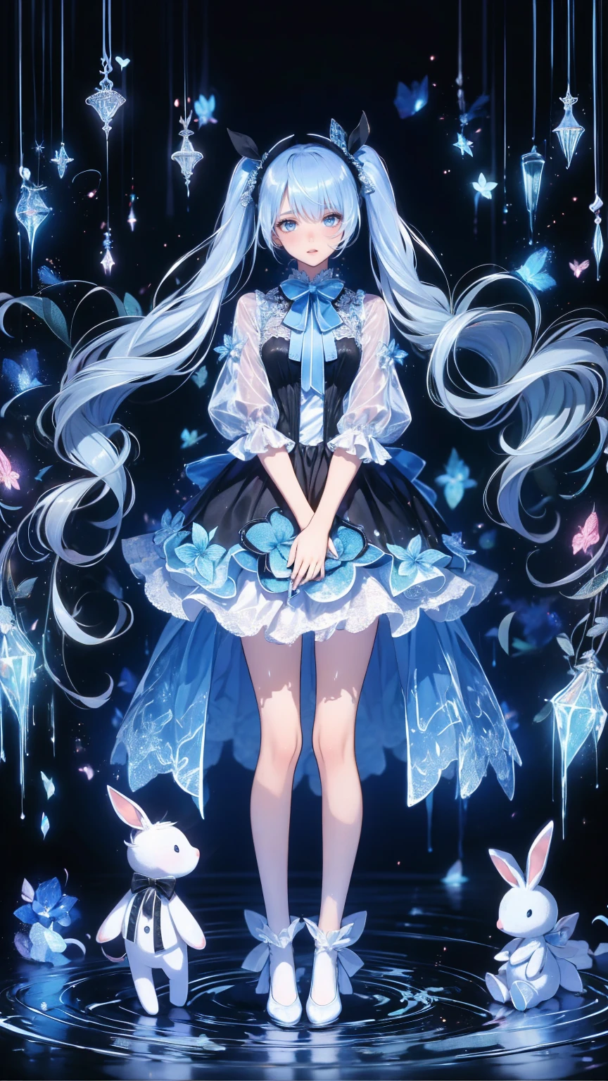 Tokyo ghoul style, woman, 22,  I'm wearing 2 pigtails on my long white wavy hair,  light blue bow accessory , white and baby blue  ****Tadres,  covered in blood splashes ,  White Knee High Socks ,   wearing 2 pigtails in the long white wavy hair of a toy rabbit with stitches  , 成人woman,  mature,  gray eyes, glass, smile,  standing on top of a bloodstained   ,  black Mary Jane ,   headless doll on the ground  ,   cut stuffed animal  
