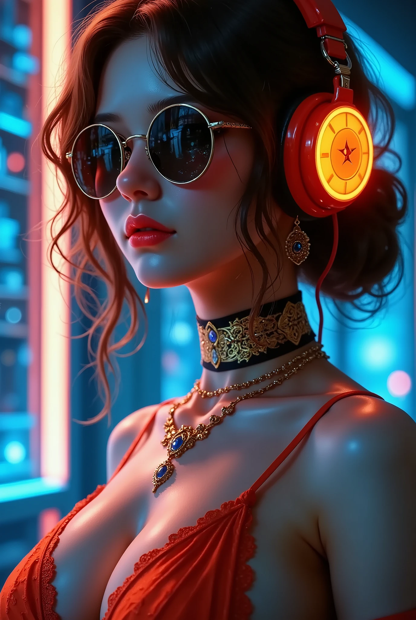 Brown Hair .  beautiful woman wearing curly hair and sunglasses wearing large headphones、 wearing large headphones - earpiece or surround、 Room of Darkness 、Neon Cyberpunk at night 、 coordinator Neon Glow 