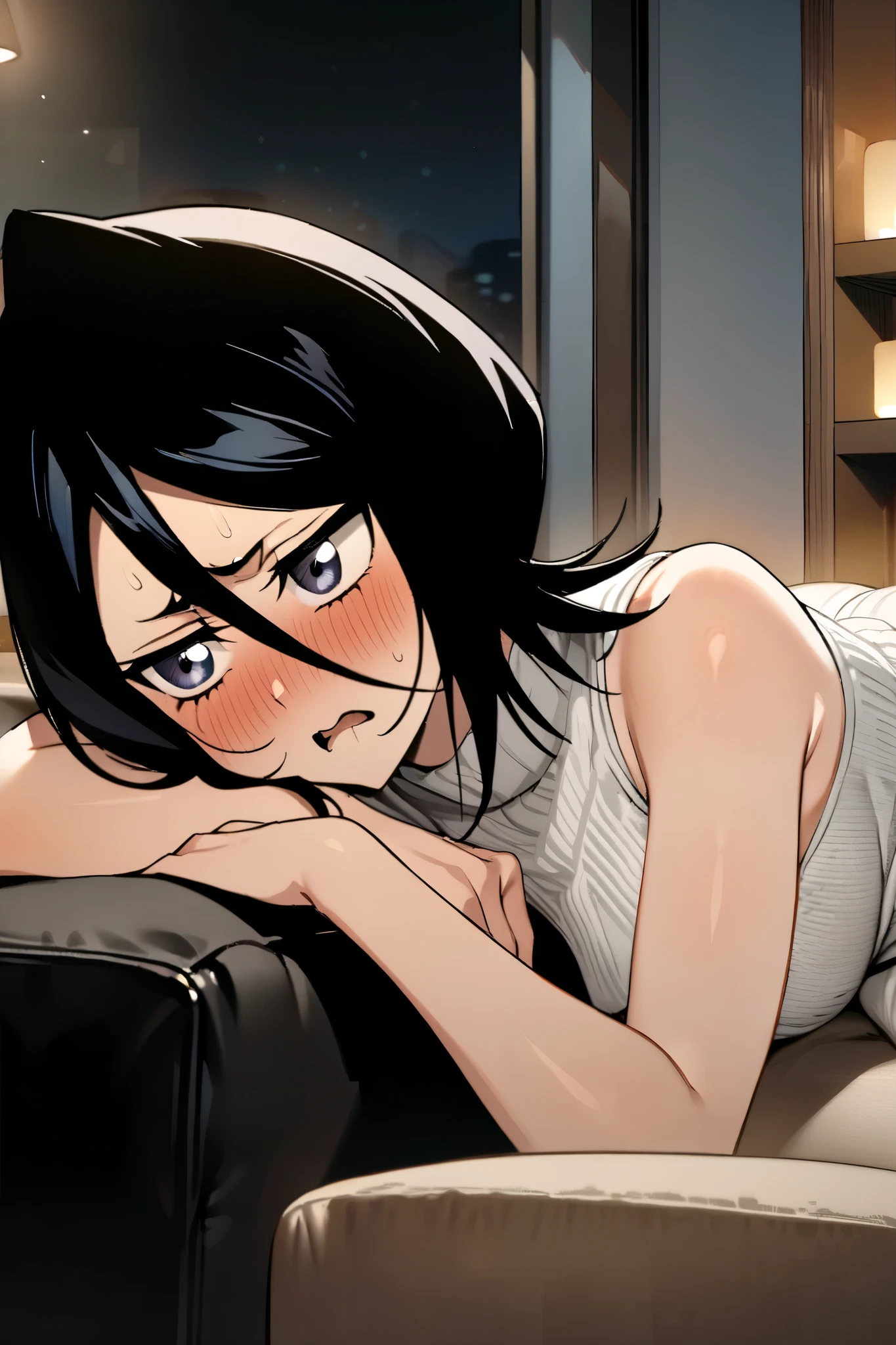 NSFW,masterpiece, top quality , high definition , very detailed, Kuchiki Rukia \(BLEACH\), short hair, black hair、 hair between eyes, white turtleneck sweater , sleeveless,Married Woman,Living room at night,Sofa,Embarrassed,blush,Seduce