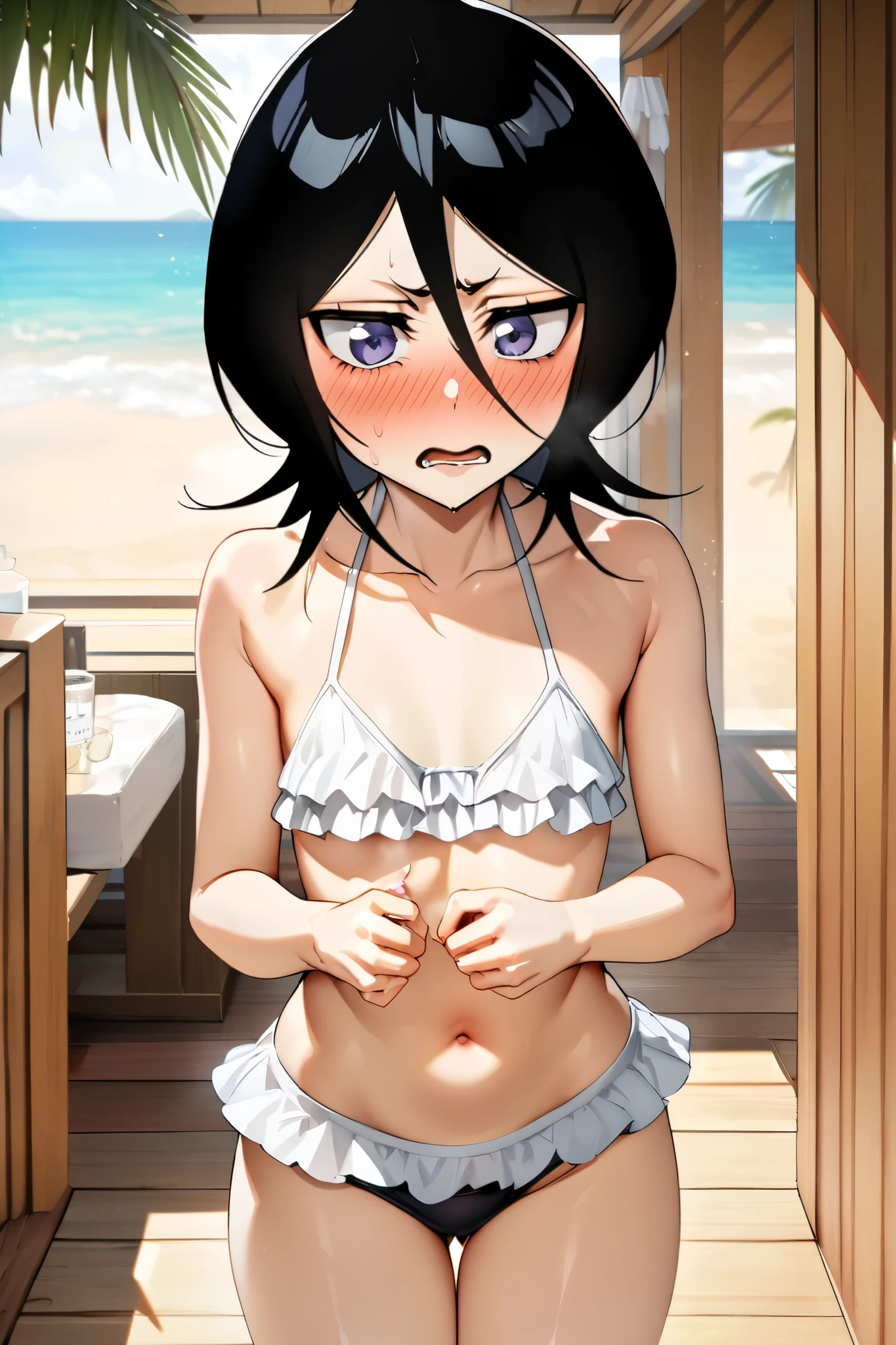 NSFW,masterpiece, top quality , high definition , very detailed, Kuchiki Rukia \(BLEACH\), short hair, black hair、 hair between eyes,Halterneck bikini, frill bikini,Embarrassed,blush,Beach House, palm trees