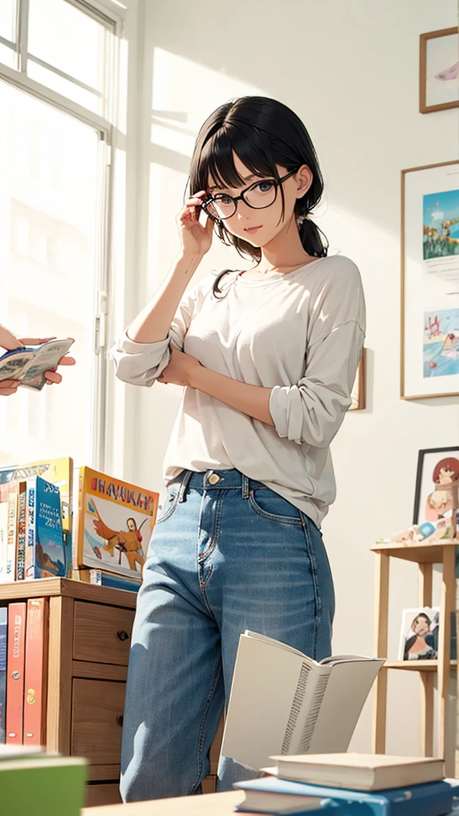 Black hair, glasses, reads picture books