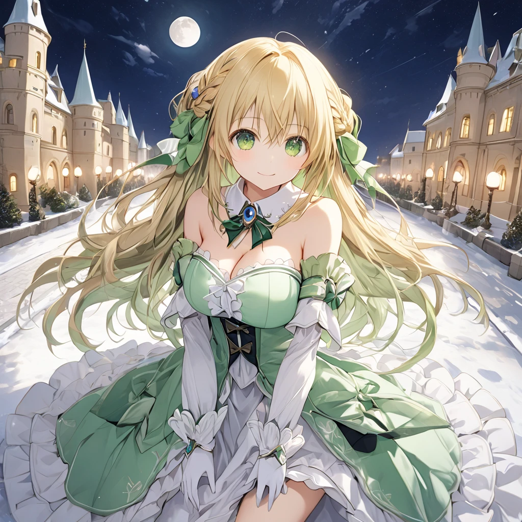 ( 1 girl), Green \(Neptunia )\, blonde hair, green eyes, long hair, french braid,(smile:1.5)、blush, (long sidelocks:1.5), ,( small tits:1.5),bare shoulders, cleavage,  large breasts, detached collar, frilled gloves, knee boots, bow, white footwear, brooch, armlet,snow,night、moon、European castle promenade、front、(whole body:1.5)、( perfect anatomy ),( best quality), ( ultra hi-res), (超 high definition ), ( Highly Detailed CG), (32K), (masterpiece)、eyesHD