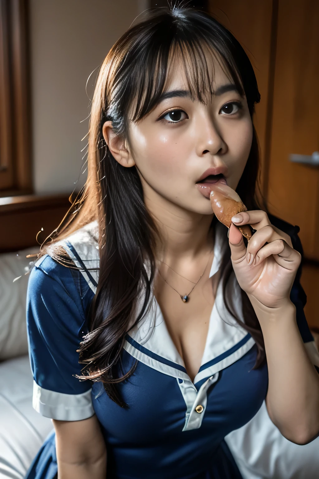 masterpiece, best quality, intricate details, extremely detailed, cinematic lighting, solo, 1girl, a **** Japanese schoolgirl, White skin, (oral, blowjob, deepthroat, french bread in hand, shovel a big sausage into mouth, fully open mouth:1.4), (large breasts, ), dark hair, twintail hair, cute face, extremely detailed face, beautiful detailed eyes, sophisticated nose, pale skin, fine-textured skin, sweaty, shiny skin, photo background, at bed, school uniform, school uniform, japan, jav, deep throat, 