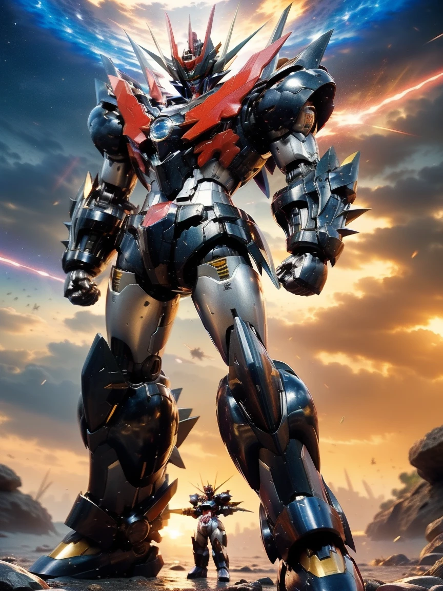 Humanoid Mecha,  fully sealed shoulder guard , Matching arm and leg guards, whole body,  Full Armor, Super Robot, Robust and agile design, (Main color is white .、Red and blue accents。,  This concept was inspired by a super robot ,  lion concept chest armor ,  pose,  standing, The ), Sophisticated、 mature art style , (Aura Effect,  energy , Shining Eyes, The armor shines), (( top quality 　REAL PHOTO QUALITY 　 Composition that feels combat movements in a petroleum complex 　 A giant robot weapon with the latest scientific design, warrior armor 　 Remains of a Heavy Equipment Robot Rolling Underfoot  　 Delicate and smart machine that fights on a scorching Mars citadel ZZ Giant Warrior GOD Macross Army　 New Giant Mecha Samurai Robot Weapon 　 Massive Mobile Suit God Gundam Warrior Ver 　　 Hell's Sengoku period with cannons Rashomon 　Typhoon Storm　 Giant Robot Samurai's head is similar to Gundam Mecha 　Zambot７　He is aboard a giant pirate-style space battleship.　)),   metallic  ,Shining Eyes　 dramatic,  high definition ,  top quality ,  high definition ,  very detailed, Fine painting,  very delicate ,  Professional , Perfect body  Professional  potion,  Anatomically Correct , Symmetrical face,  very detailed目と顔,  high quality eyes , creativity,  RAW photo, 超 high definition , 32K,  natural light,  movie lighting, masterpiece-anatomy-perfect, masterpiece:1.5　Shining Eyes