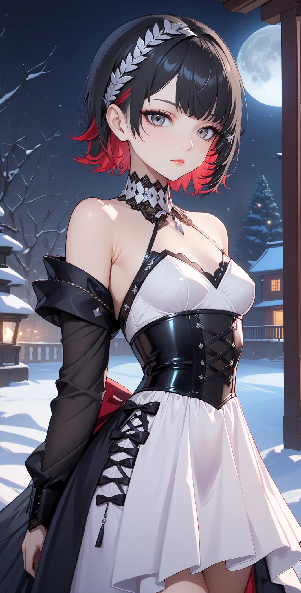 score_9, score_8_up, score_9_up, source_anime, close up photo,  beautiful face, ellenjoe, night, passionless,  closed mouth, ellen joe, black hair, moonlight, japanese party, night winter,  party, fantasy party, fantasy night dress, night party, snow, sexy body, very small breasts,  colored inner hair, multicolored hair, grey eyes, red hair,  short hair,  two-tone hair, shoulders covered, shoulders covered by the dress, not loooking at the viewer, winter long dress, dance long dress, dance dress, dress for dancing, winter sleeves, glitter in the corset, shoulders covered by sleeves, long sleeves, long shirt, silver corset, gala elegant dress, winter dress, elegant dress, long skirt dress, night, arms behind her back, lace collar, sexy body,  small breasts, two-tone hair,  beautiful eyes, beautiful legs, sexy legs, solo, fantasy world, night, beautiful eyes