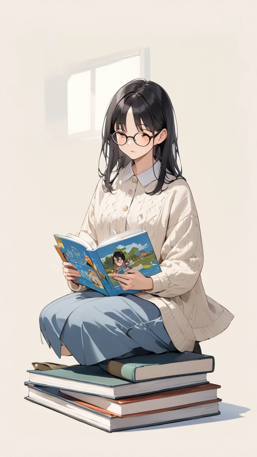 Black hair, glasses, reads picture books