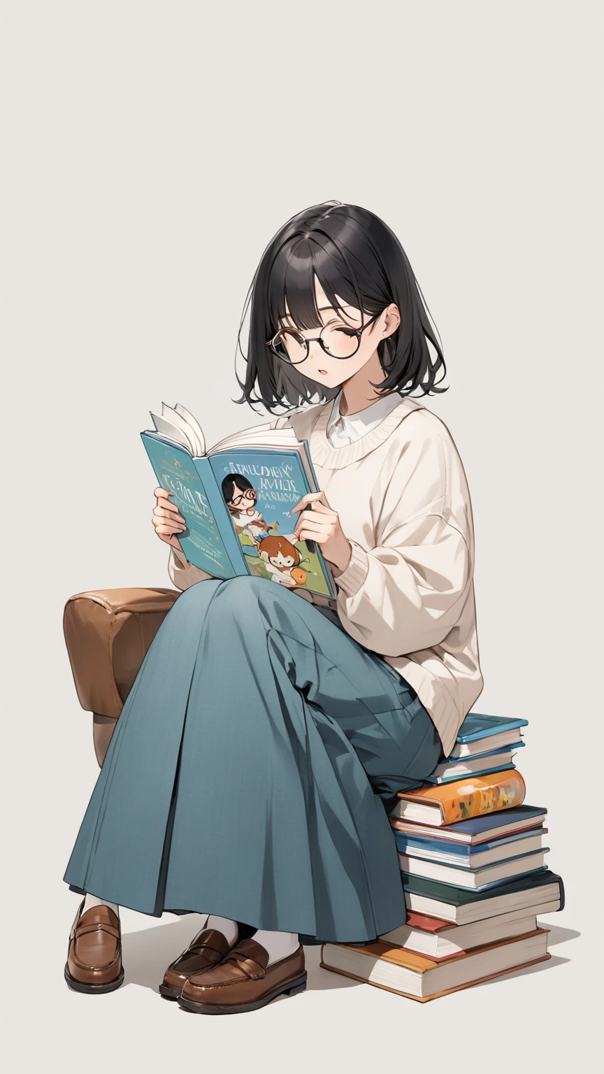 Black hair, glasses, reads picture books