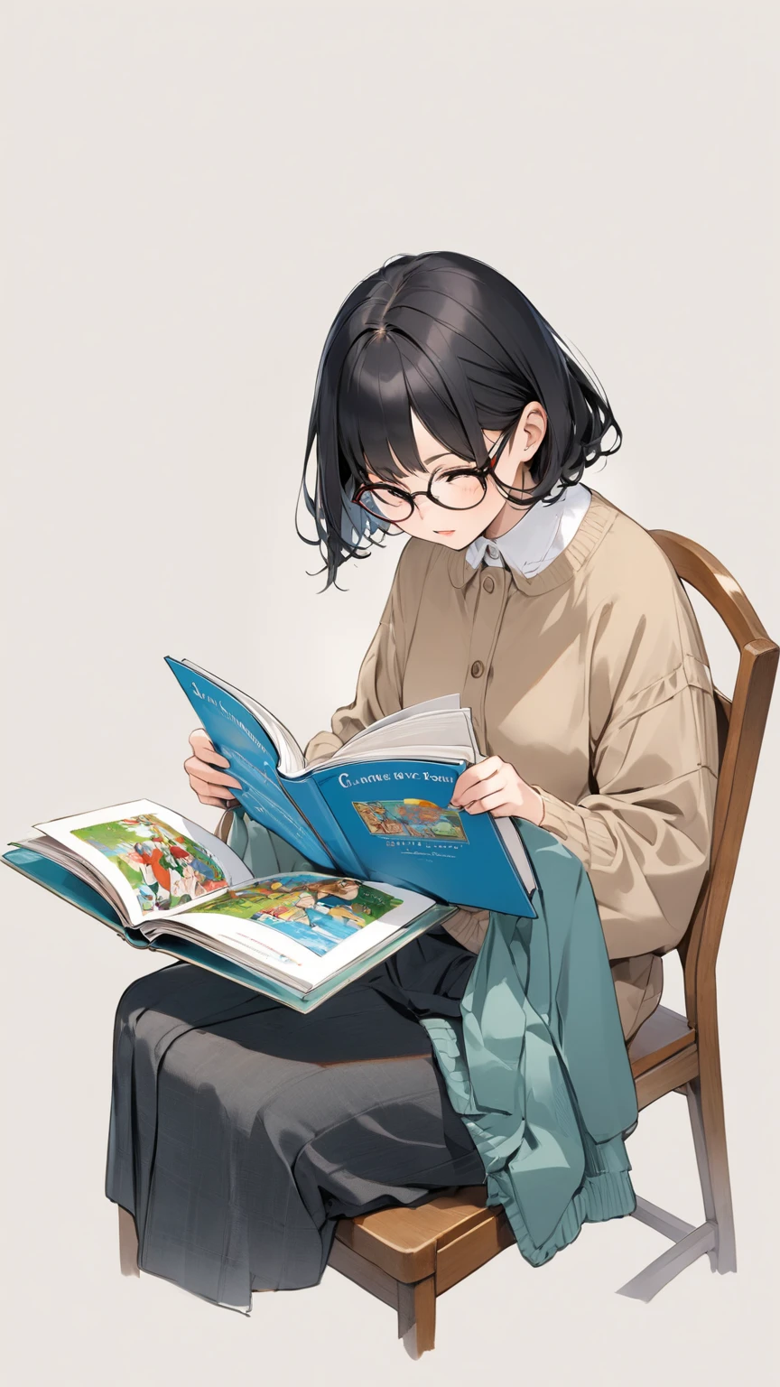 Black hair, glasses, reads picture books