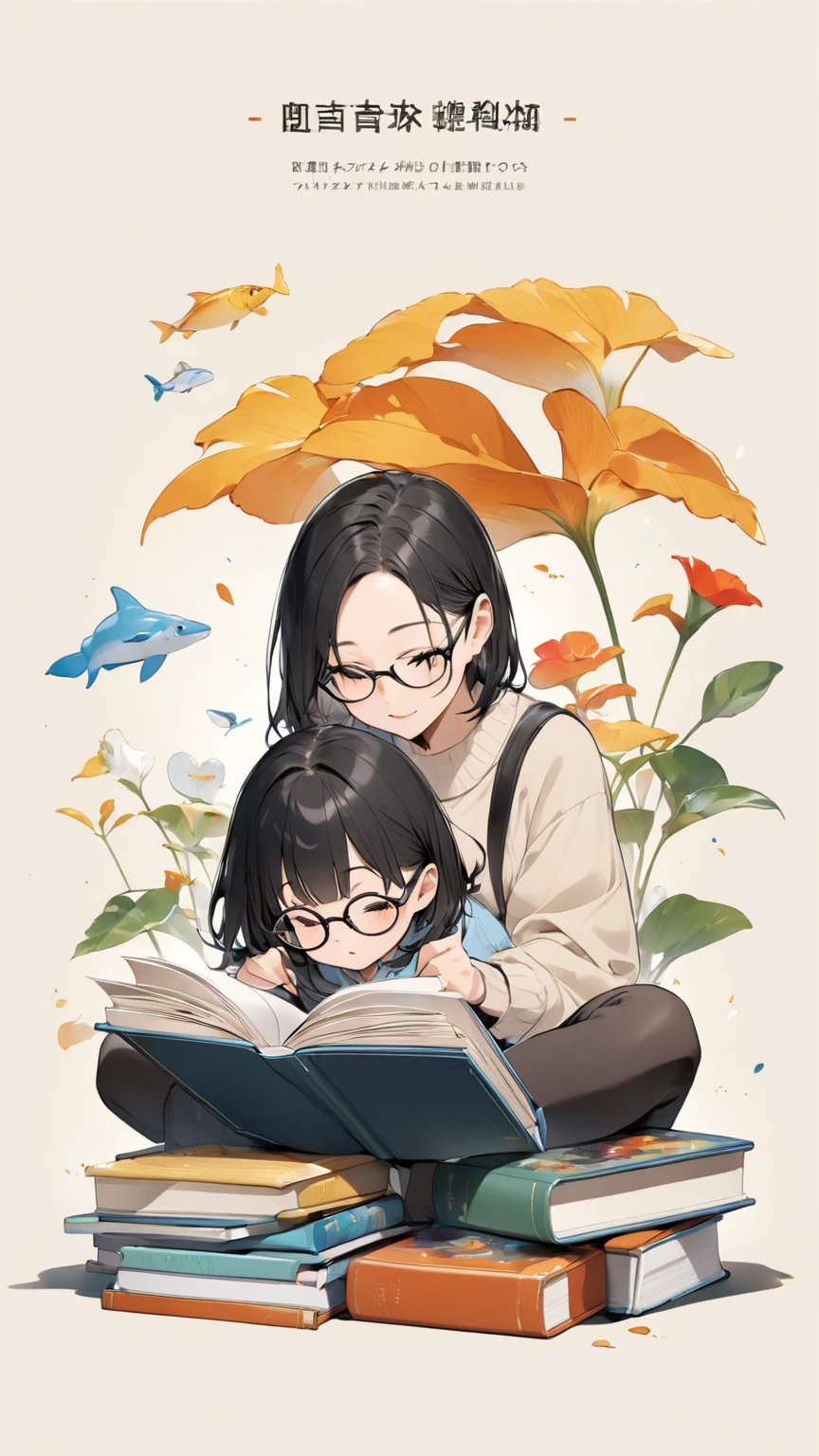 Black hair, glasses, reads picture books