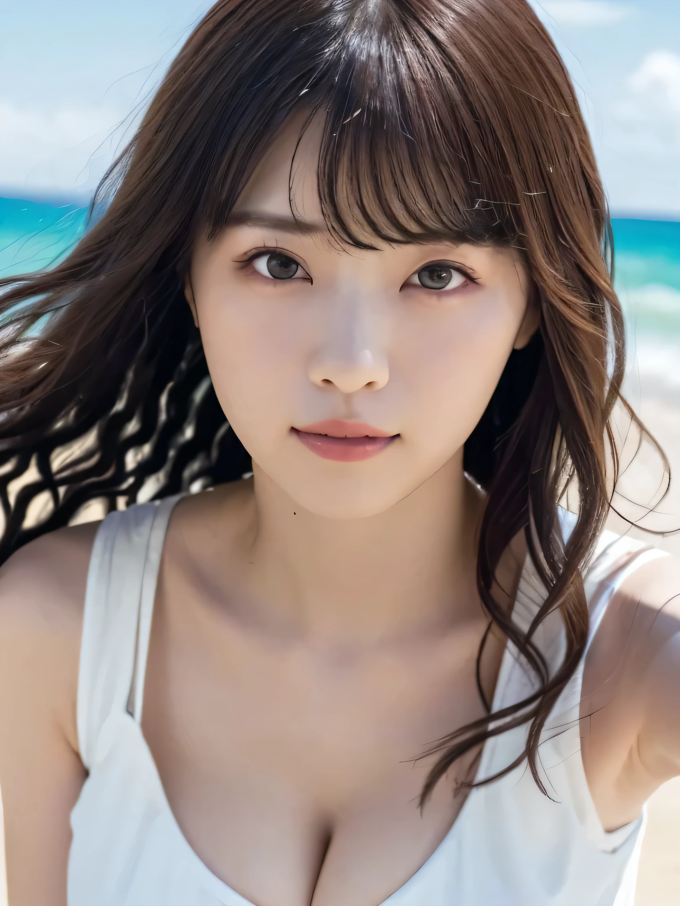 Masterpiece 、 top quality , super high res、8k, dynamic, moving photos、 1 girl, ( ), deep cleavage、 bright , Blurry Background, ( asymmetrical bang、 very long wavy hair:1.5), ( tight dress with an open chest、Dark Tone)、Round face、Young Face、Natural Cosmetics 、 Embarrassing 、Summer sky、Summer Sea、Summer beach