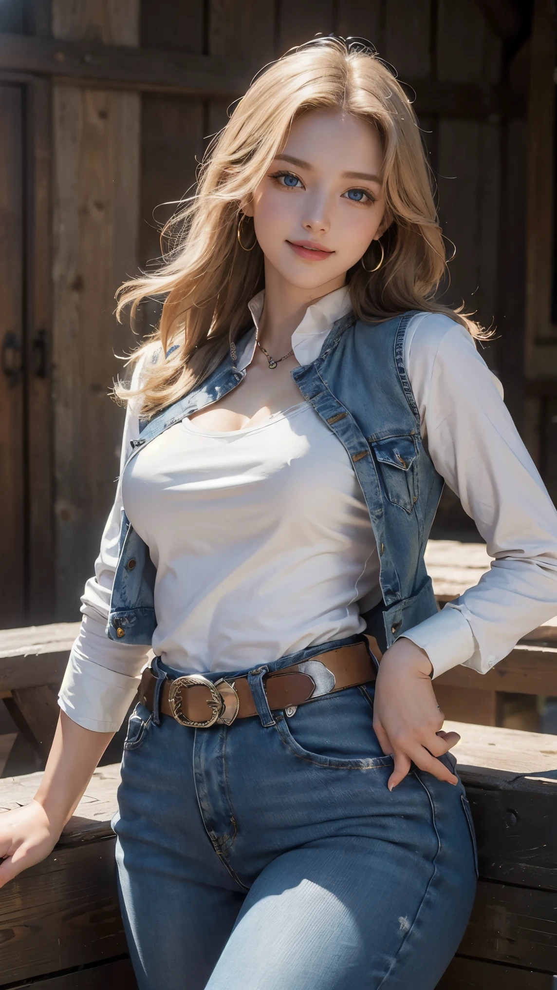 Android 18,(best qualityer,4K,8k,high resolution,work of art:1.2)(weather: cloudy), Mondstadt farm background, horse stables, white long sleeve blouse, leather vest, tight denim jeans, cowboy boots, brown belt, bracelets, cowboy neck and ear  jewelry, stars embroidery, cheek mole, short hair, blonde straight hair, ultra detailed, realistic, portrait,beautiful detailed golden blue eyes, glowing eyes,blush,beautiful detailed lips,extremely detailed eye and face, long eyelashes,sexy,average, large breasts,beaming smile, flirty smile, powerful girl, sexy pose, stunning curves, bright coloured, dramatic lighting,