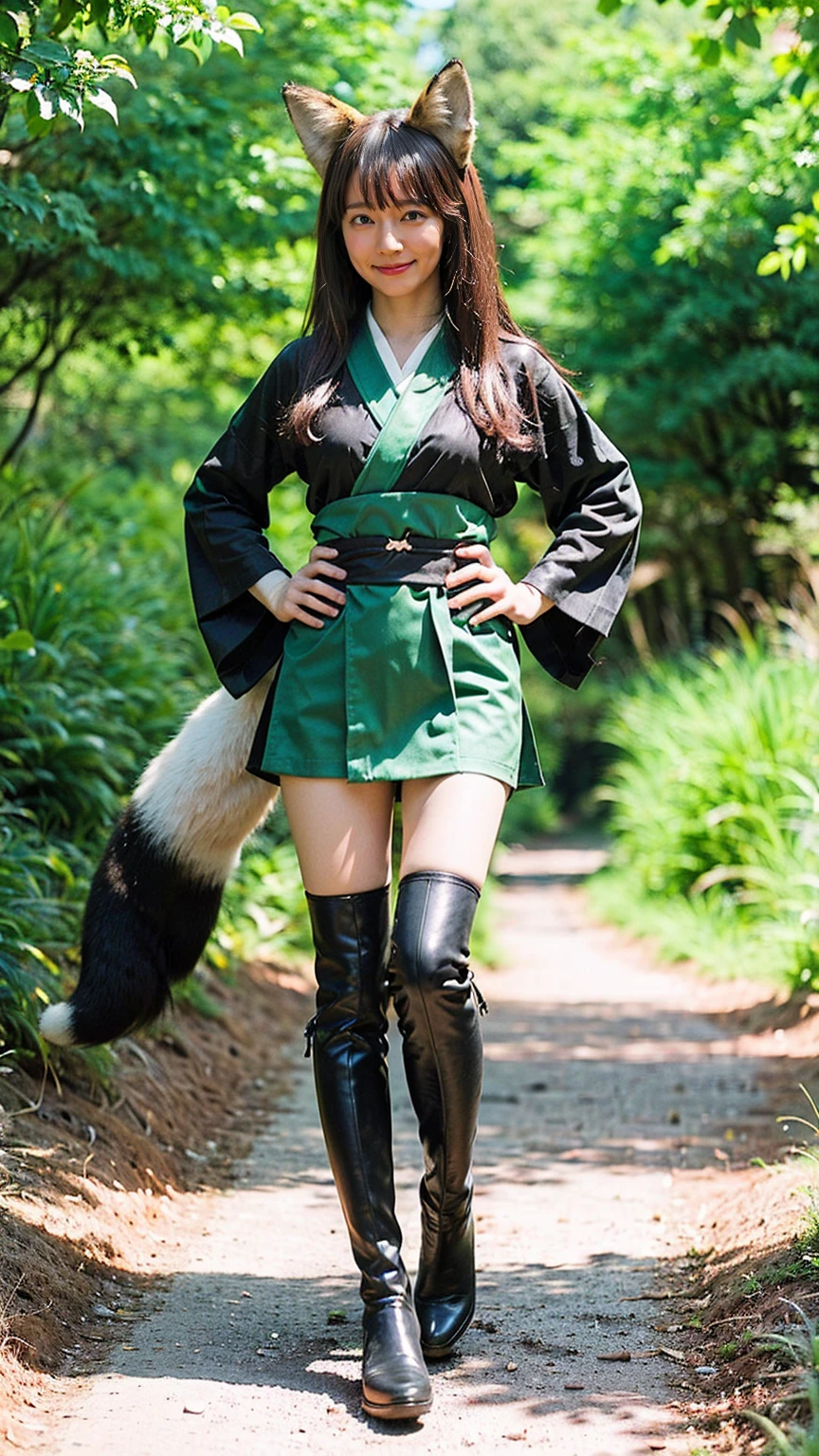 (Demon Slayer Worldview),(Beautiful cosplay of Mitsuri Kanroji),Full body shooting from behind,In the forest at dusk,Stand on your knees and look over your shoulder,mole under eye,pink hair,mole,long hair,colorful hair,Braid,gradient hair,demon slayer uniform,green hair,green eyes,bangs,long sleeve,shirt,twin Braids,two tone hair,kimono,white shirt,Haori,Jacket,black Jacket,belt,collared shirt,white belt,skirt,unbuttoned shirt,black skirt,open shirt,(A sword in a scabbard),green knee socks,pleated skirt,miniskirt,1 girl,sexy pose,highest quality,masterpiece,figure,very delicate and beautiful,CG,unity,8k wallpaper,wonderful,finely,masterpiece,official art,very detailed CG unity 8k wallpaper,incredibly absurd,huge file size,super detailed,High resolution,very detailed,beautiful detailed girl,realistic,full frontal,dirt road in deep forest,contrast of light,