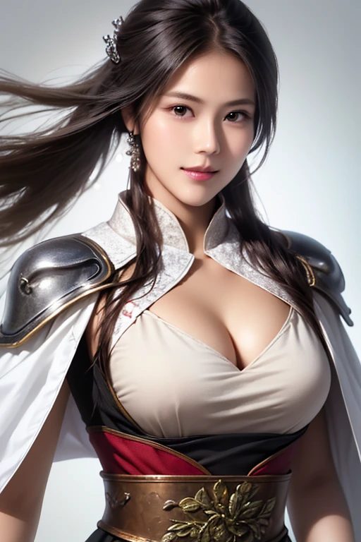 ((The upper body of a female warrior wearing silver and white armor and a cloak:1.3)),1 person,  black hair,  belly shortcut   ,Big breasts and cleavage,  high-definition face and skin texture  ,  staring at the camera,   Chinese Warrior  ,  perfect beauty: 1.4, fine grain,  double eyelids in a judo suit ,  whitening for women with bristles, top quality ,  super high res ,  simple background，Symmetrical Normal Eyes   , hair accessories, Slim Waist ,