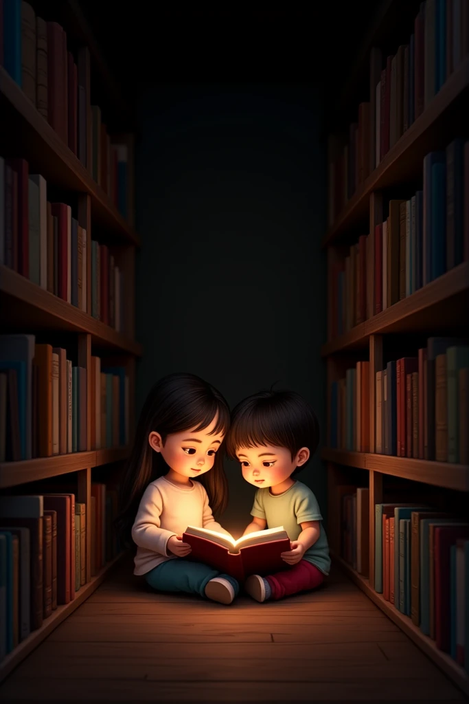 Two children find a book on a bookshelf