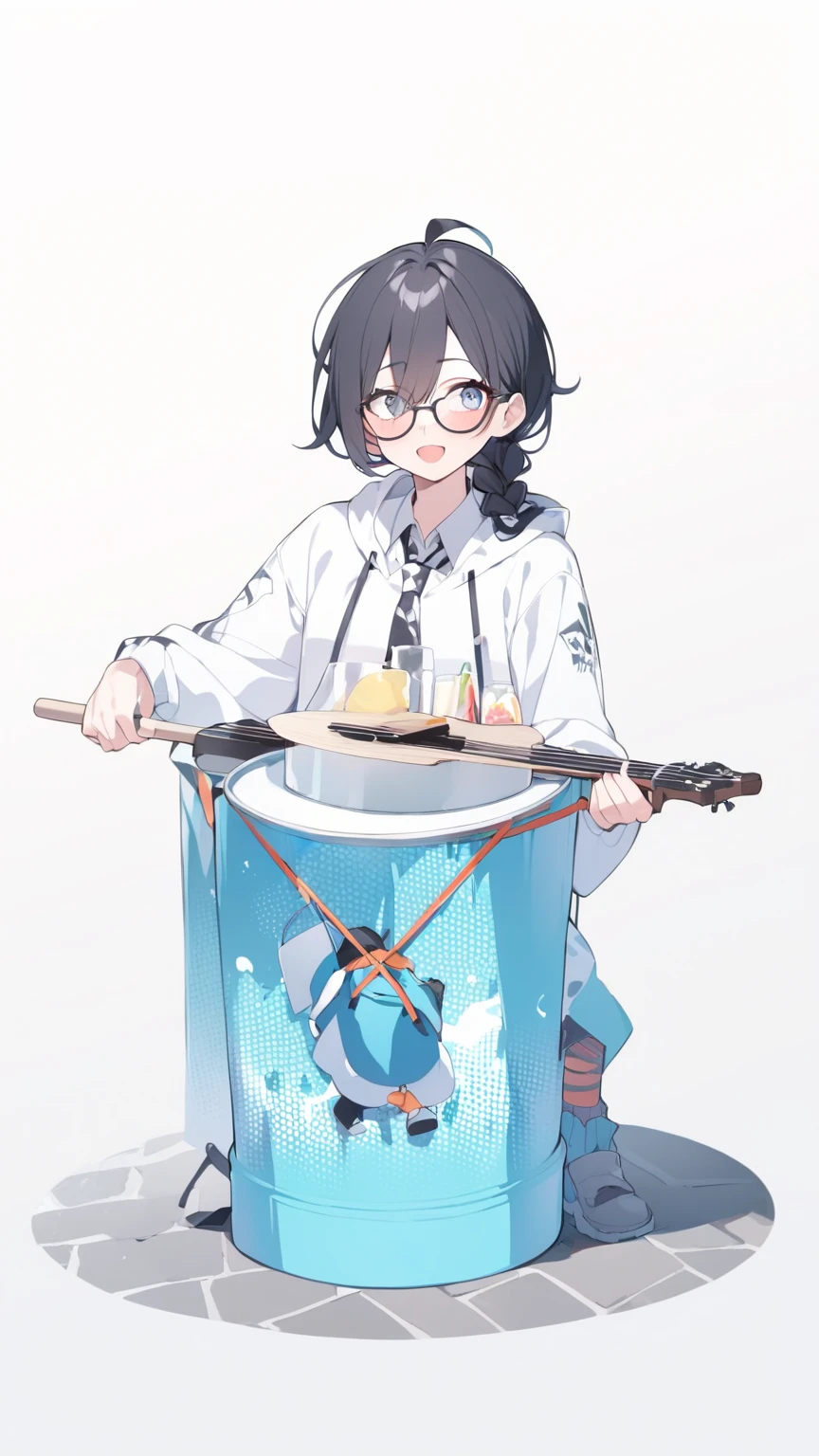 Black hair, glasses, street performer