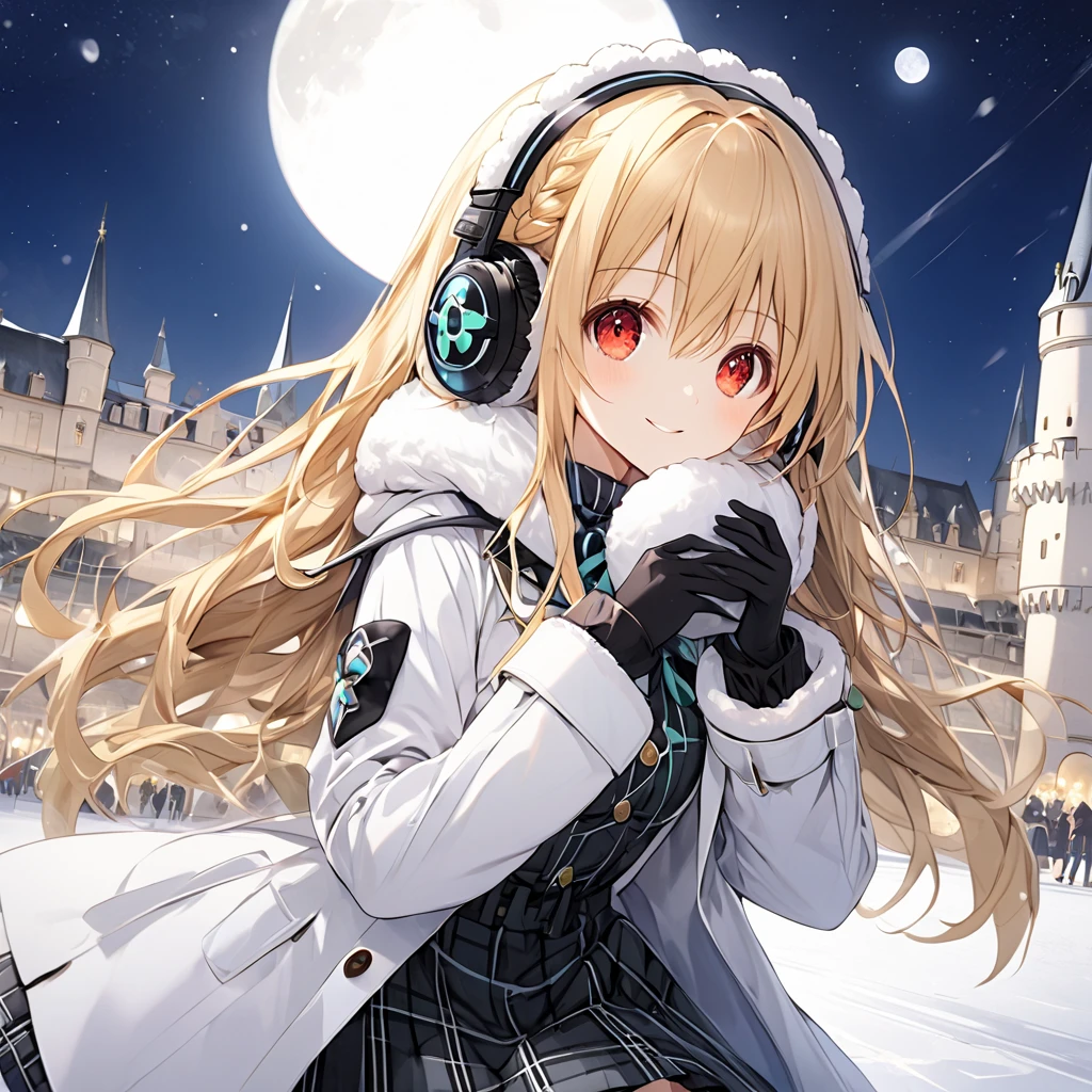 ( 1 girl), Green \(Neptunia )\, blonde hair, red eyes, long hair, french braid,(smile:1.5)、blush, (long sidelocks:1.5), ,( small tits:1.5),( white overcoat :1.5)、(Button-down shirt:1.5),( black plaid mini skirt:1.5),(white thigh high :1.5),Earmuffs、gloves、,snow,night、moon、European castle promenade、front、(whole body:1.5)、( perfect anatomy ),( best quality), ( ultra hi-res), (超 high definition ), ( Highly Detailed CG), (32K), (masterpiece)、eyesHD