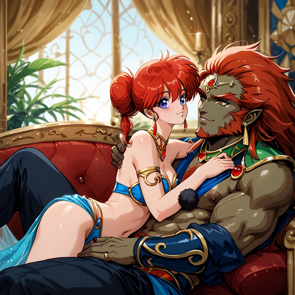 (( top quality )), ((masterpiece)), ( Details), （ perfect face）、Yoko Asagiri, the queen of the Gerd tribe who became Ganondorf's woman, became a woman of the Gerd tribe and had brown skin and red hair with the elegant hairstyle of Ganondorf's favorite queen, wears a sexy Gerd dancer costume and sincerely trusts Ganondorf on a luxurious sofa, smiles, cuddles, and snuggles up to each other