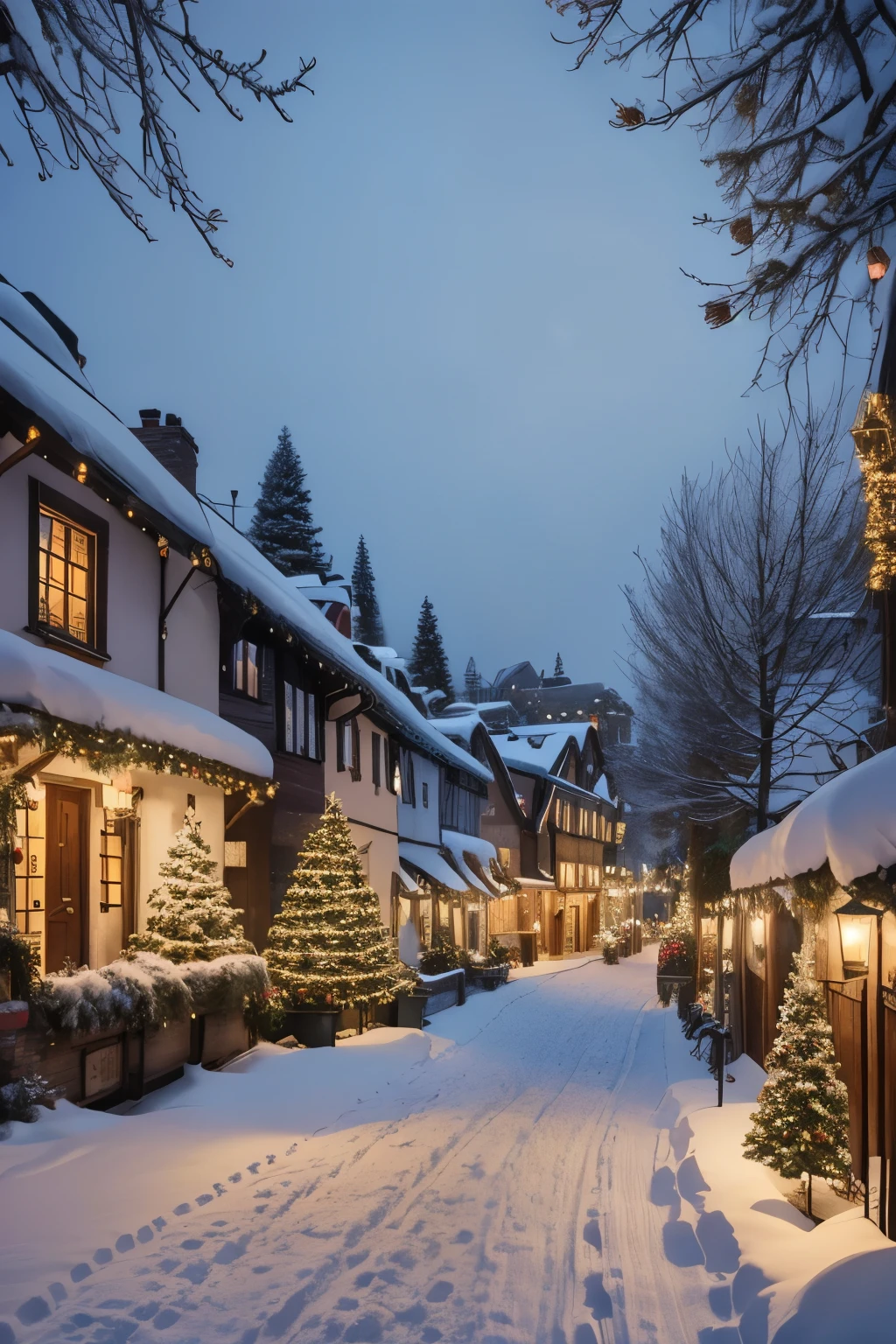 a european village street decorated for christmas, beautiful cityscape with christmas decorations, charming village with christmas lights, snow covered rooftops, cozy atmosphere, warm lighting, festive holiday scene, christmas trees, wreaths, fairy lights, detailed architecture, cobblestone streets, snow covered trees, winter wonderland, cinematic lighting, photorealistic, 8k, highly detailed, masterpiece