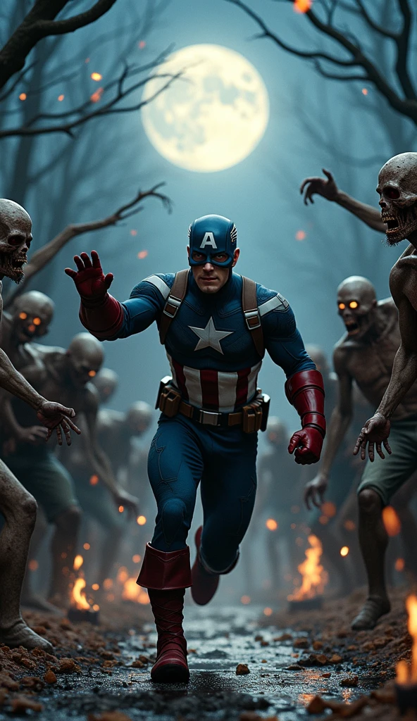 Captain America fighting several zombies using K47