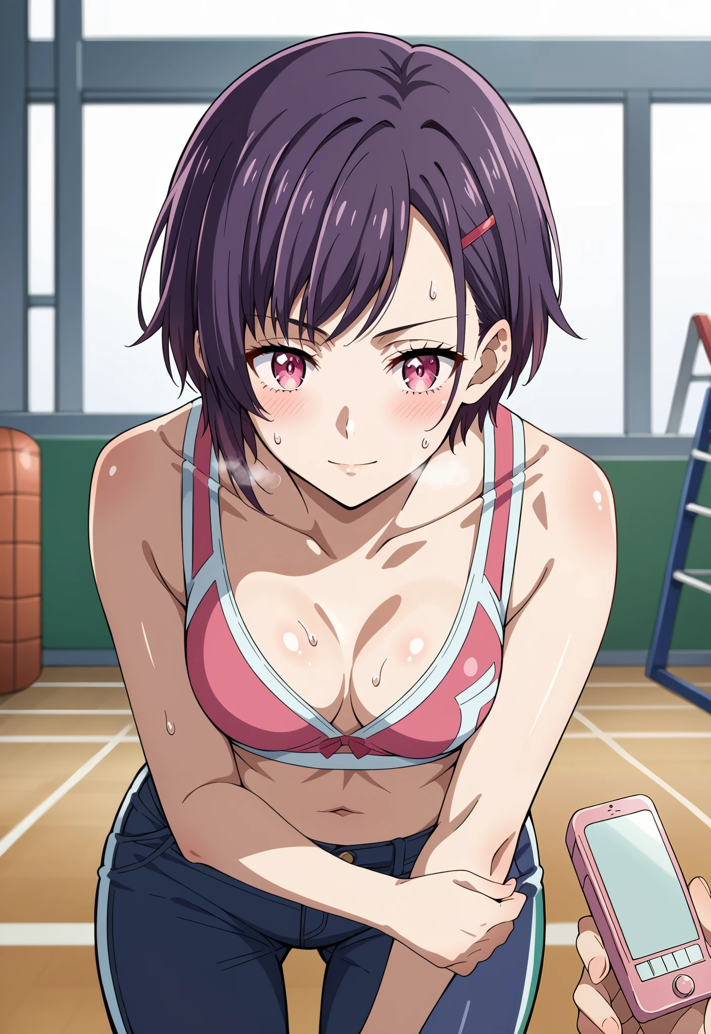 score_9, score_8_up, score_7_up, source_anime, 4K,perfect fingers,(perfect hands, perfect anatomy),
1girl,solo,shizukamikazuki, shizuka mikazuki, short hair, purple hair, hair ornament, hairclip, pink eyes, swept bangs, 
wearing ((black jeans, sport bra)),
(Lower your hands forward:1.5), facing at camera, lightsmile, leaning forward:1.3, Cowboy Shot, Sweat, heavy breathing,drying,((left arms up)),pov, perky breasts, blush, pov_holding_remote, 