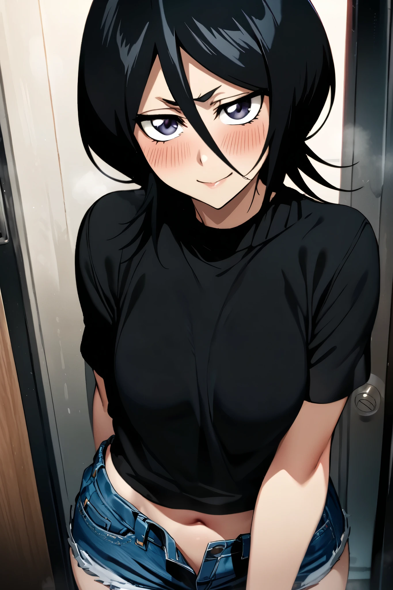 NSFW,masterpiece, top quality , high definition , very detailed, Kuchiki Rukia \(BLEACH\), short hair, black hair、 hair between eyes, Casual , crop top, Denim Shorts,blush,smile