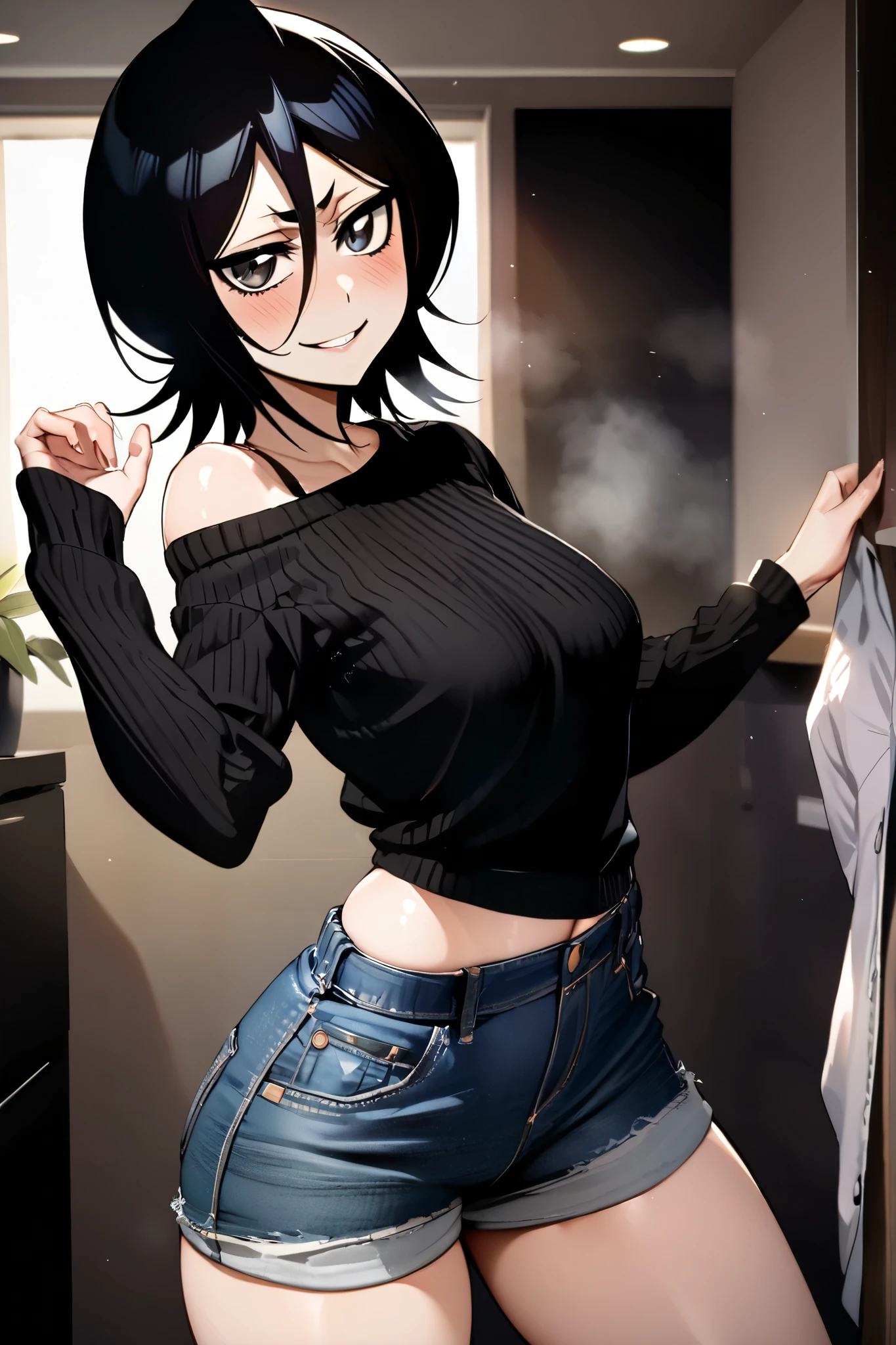 NSFW,masterpiece, top quality , high definition , very detailed, Kuchiki Rukia \(BLEACH\), short hair, black hair、 hair between eyes, Casual , crop top, Denim Shorts,blush,smile