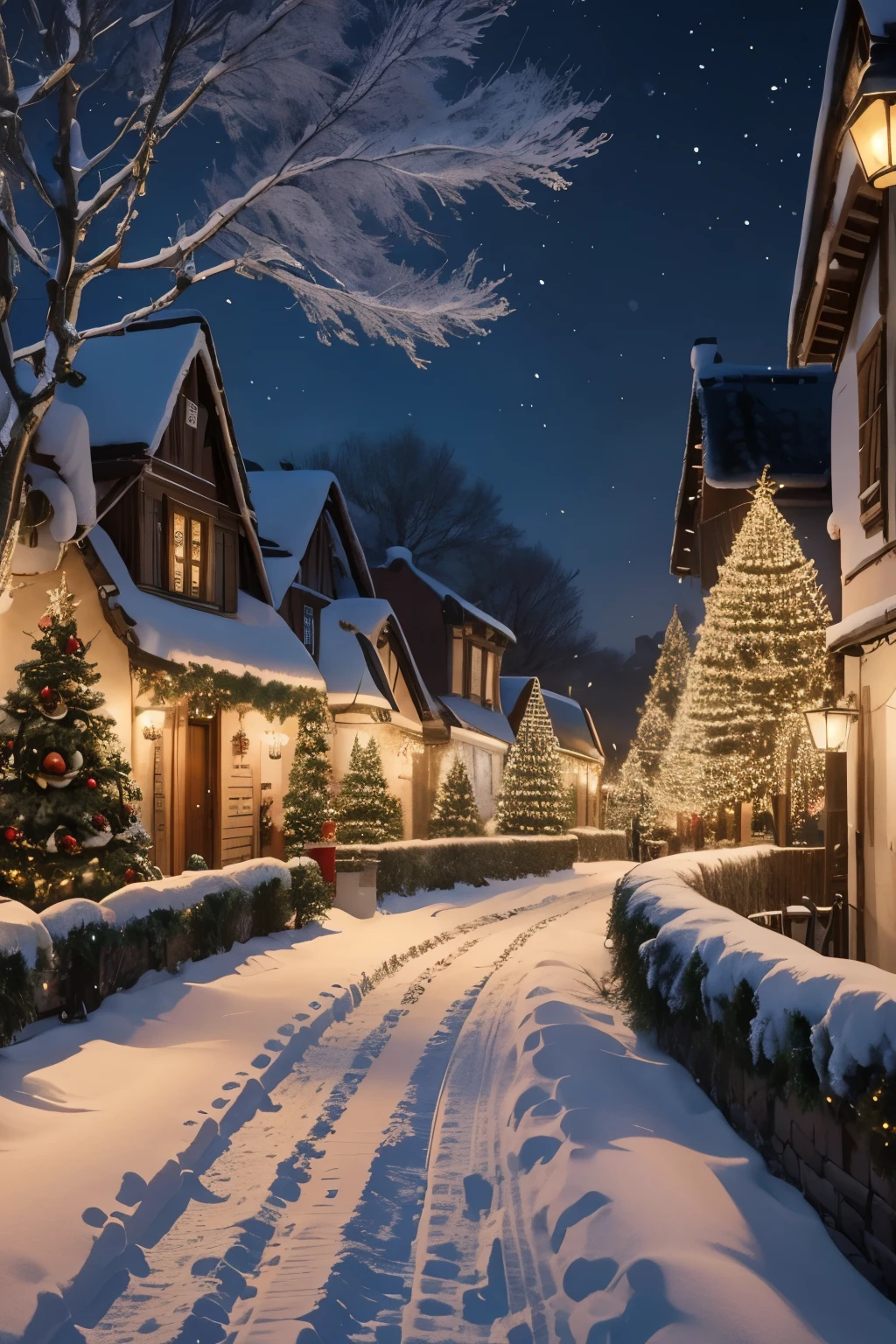 a european village street decorated for christmas, beautiful cityscape with christmas decorations, charming village with christmas lights, snow covered rooftops, cozy atmosphere, warm lighting, festive holiday scene, christmas trees, wreaths, fairy lights, detailed architecture, cobblestone streets, snow covered trees, winter wonderland, cinematic lighting, photorealistic, 8k, highly detailed, masterpiece