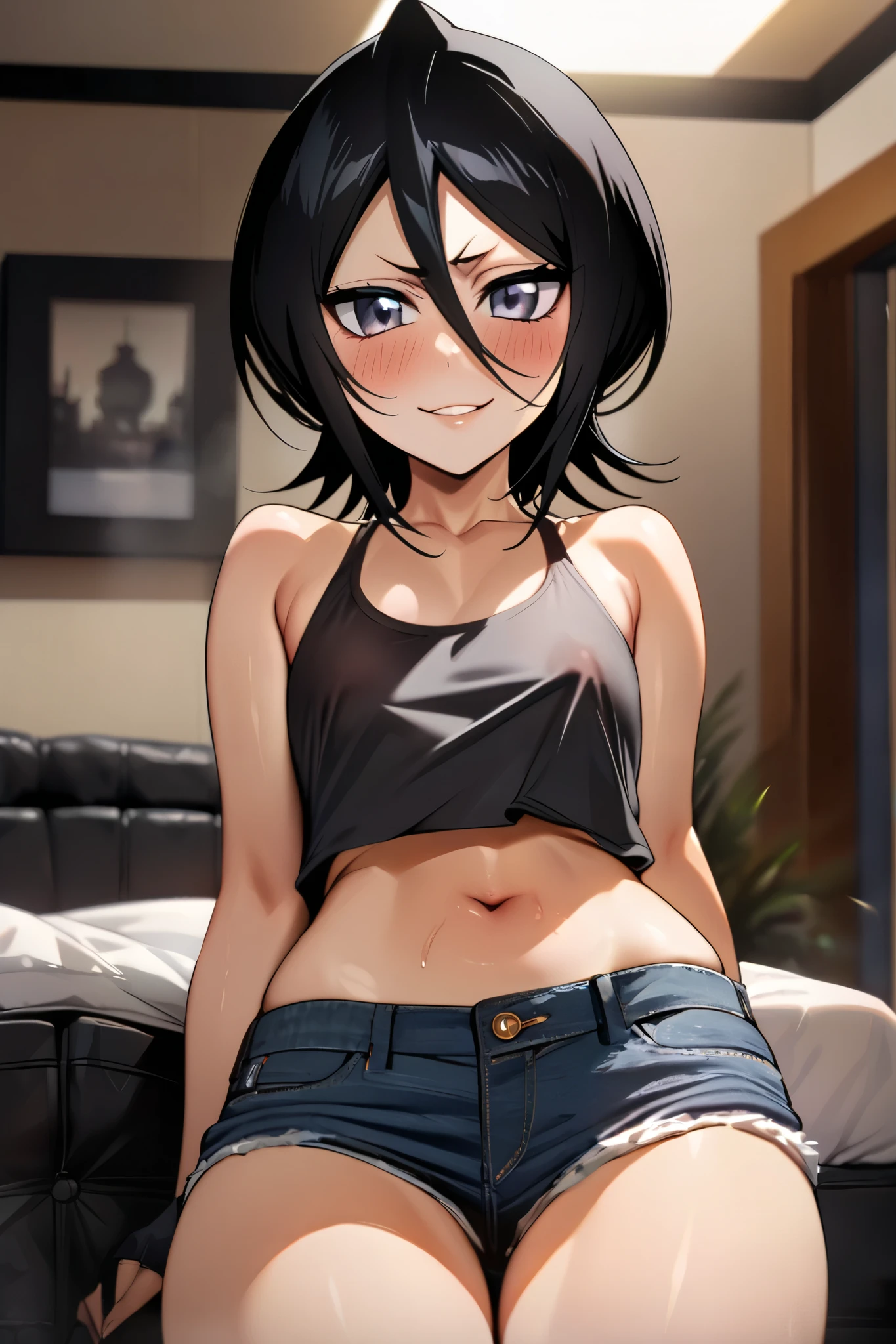 NSFW,masterpiece, top quality , high definition , very detailed, Kuchiki Rukia \(BLEACH\), short hair, black hair、 hair between eyes, Casual , crop top, Denim Shorts,blush,smile