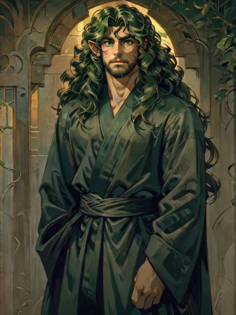 ((masterpiece)), ((one man)), man, man in late 30s, light skin, dark green eyes, detailed eyes, elve ears, dark green hair, long hair, long curly hair, ((curly hair)), curly hair, tall, handsome, mature, muscular, black kimono,
