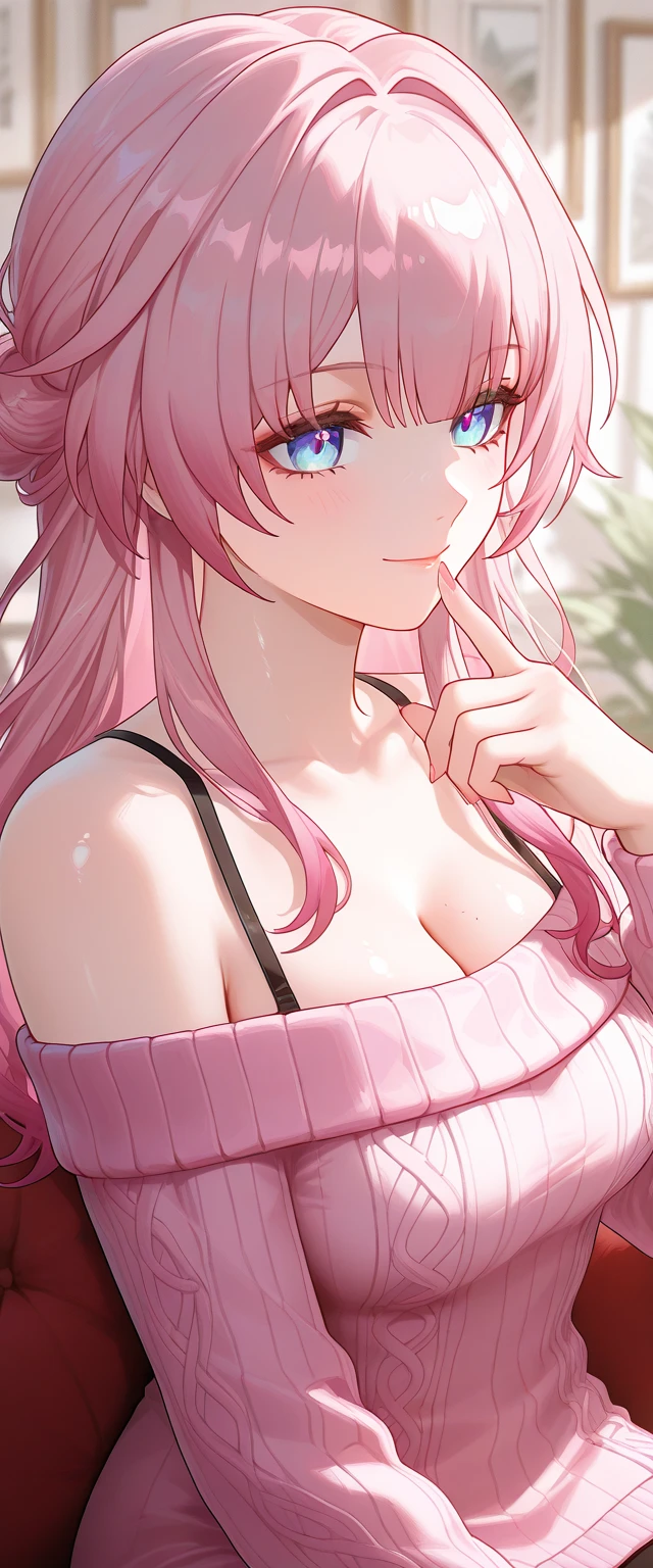 asta,honkai star rail,1girl, long hair, pink hair,blue eyes, gleaming skin ,Maternal smile, closed mouth, large breast, cleavage, off-shoulder pink sweater, upper body, finger to mouth,sitting on the sofa, A peering posture,living room,