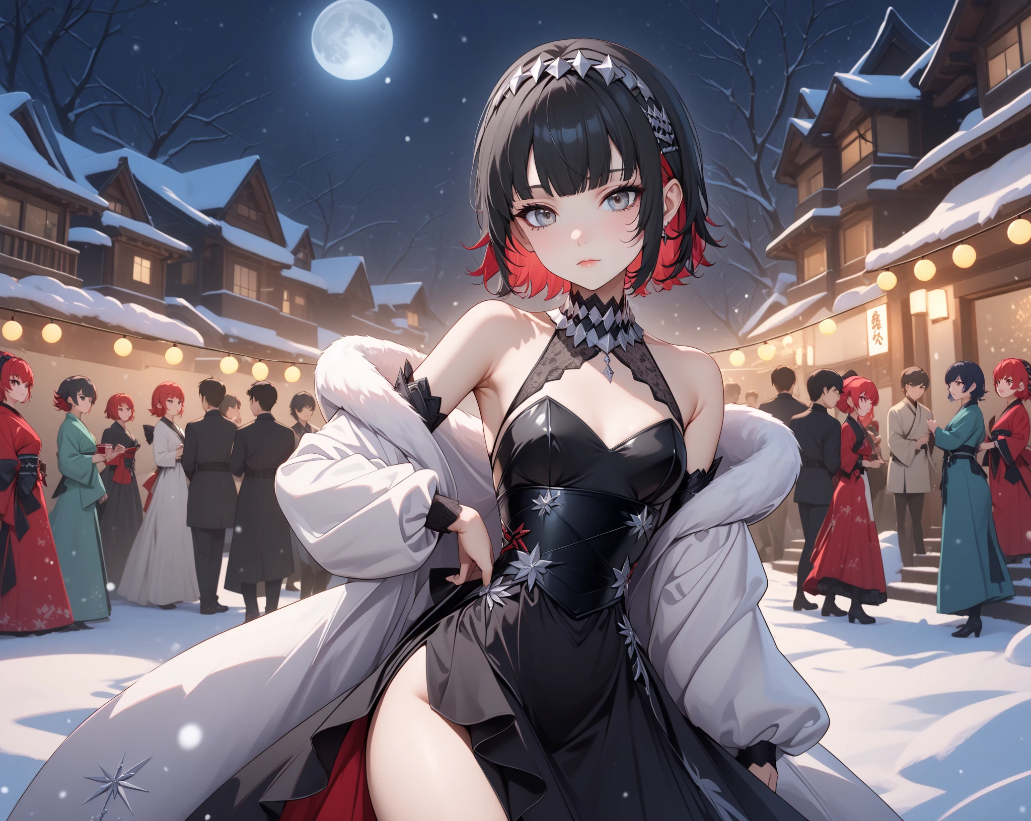 score_9, score_8_up, score_9_up, source_anime, close up photo,  beautiful face, ellenjoe, night, passionless,  closed mouth, ellen joe, black hair, moonlight, japanese party, night winter,  party, fantasy party, fantasy night dress, night party, snow, sexy body, very small breasts,  colored inner hair, multicolored hair, grey eyes, red hair,  short hair,  two-tone hair, shoulders covered, shoulders covered by the dress, not loooking at the viewer, winter long dress, dance long dress, winter dress, cozy dress, covered shoulders, black dance dress, dress for dancing, winter sleeves, glitter in the corset, shoulders covered by sleeves, long sleeves, long shirt, black corset with silver decorations, gala elegant dress, winter dress, elegant dress, long skirt dress, night, arms behind her back, lace collar, sexy body,  small breasts, two-tone hair,  beautiful eyes, beautiful legs, sexy legs, solo, fantasy world, night, beautiful eyes