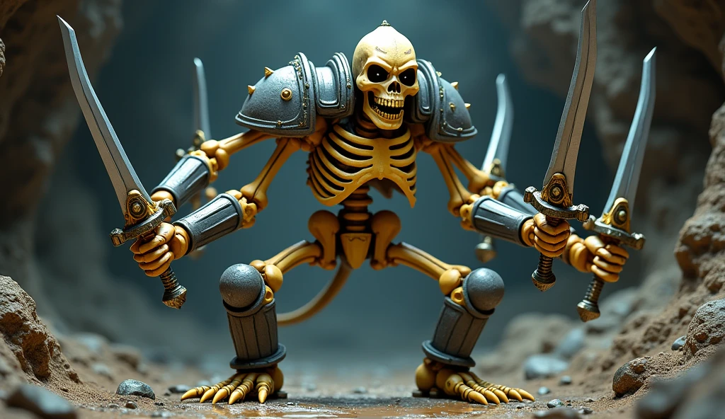 a skeleton monster with six arms 。A body made of yellow bones and a gray helmet 、Shoulder rest、 she wears boots 、 she holds a sharp sword with a gold handle in each hand 。He has swords on all six arms、Her expression is creepy, 、 has dark holes in its eyes and a laughing mouth that emphasizes 。 create an aggressive atmosphere with moving poses。The background is a cave、 real、 realistic