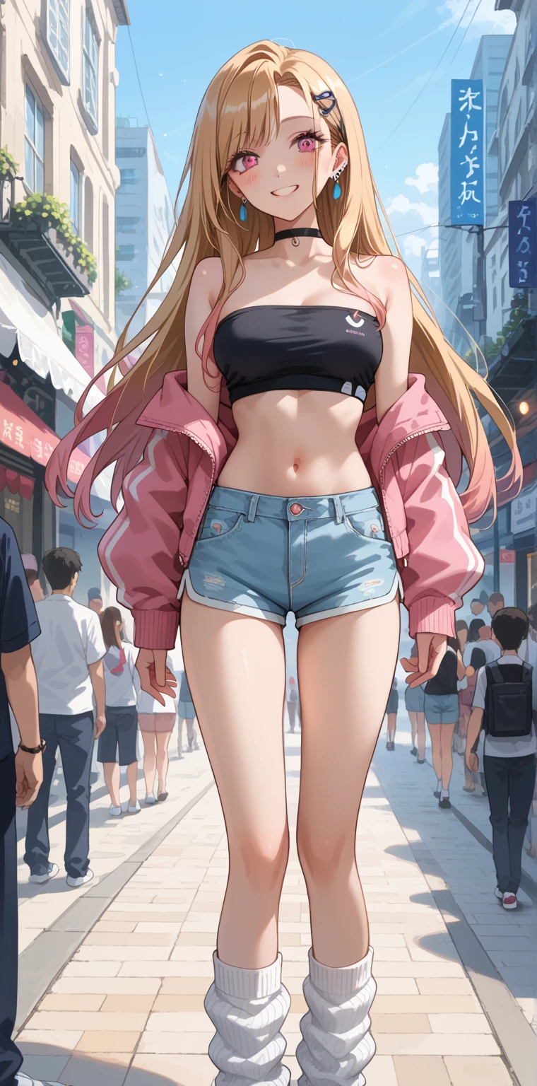 realistic image, coherent image, detailed image, 1 beautiful elf. She has orange blonde hair, long thin hair. Violet eyes, long eyelashes. Her face is oval and delicate. smiling happily she is wearing a long sleeve t-shirt. denim shorts. sneakers. She has a curvy body, big breasts and thick thighs. posing sensually, sexy pose, in a shopping center, surrounded by clothing stores. ambient light, volumetric light,