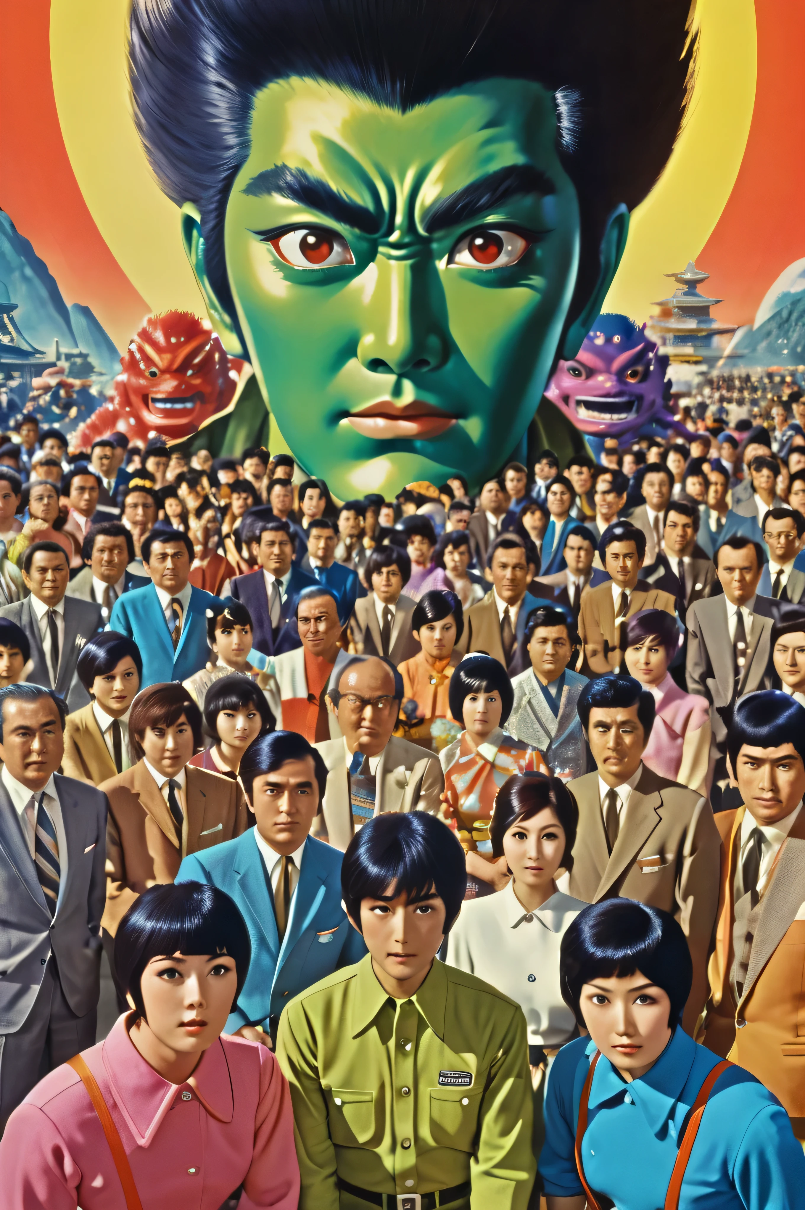 Manga characters, 1970's comic art , 1970's Japanese TV show monster, detailed Digital Paint, bright color, dynamic composition , Dramatic lighting, vintage aesthetics , ( top quality,4K,8k, high definition ,masterpiece:1.2), {{more}} ,( realistic ,photo realistic ,photo- realistic :1.37), Extremely Detailed Eyes and Faces , has long eyelashes, Beautifully Drawn , dynamic composition ,Dramatic lighting, bright color, retro anime style poster 、 retro futuristic ,1960s anime , 1970's Japanese TV , Tsuburaya Productions , large number of people , large number of enemy , SFX transformation hero , Manga art, Digital Paint
