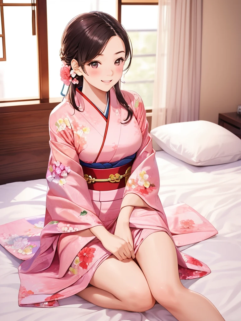 Masterpiece, high resolution, 1 girl, alone, full body, female, bright smile, blush, medium bust, skinny, realistic, 20s,Long-sleeved kimono,Japanese Coming of Age Ceremony,Colorful costumes,Flower patterned kimono,Cowboy Shot,Fancy costumes,Sit on the bed