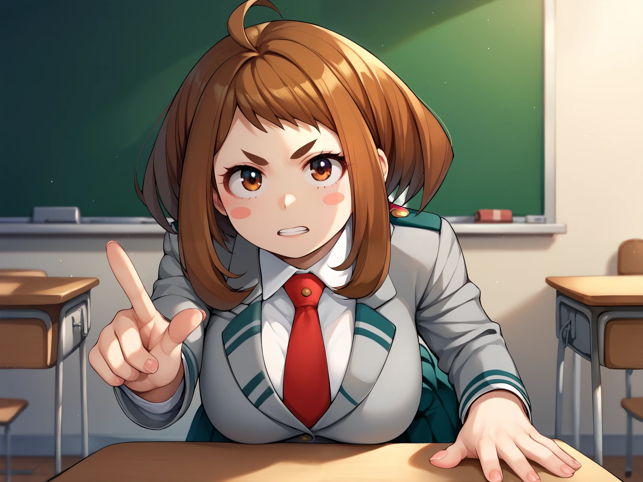 uraraka ochako, solo, 1girl, brown hair,brown eyes,short hair, blush stickers, u.a. school uniform, green pleated skirt, black pantyhose, red necktie, grey blazer, white collared shirt,epaulettes, brown shoes, large breasts, ahoge, angry, leaning forward, looking at viewer, pointing at viewer, classroom, pov