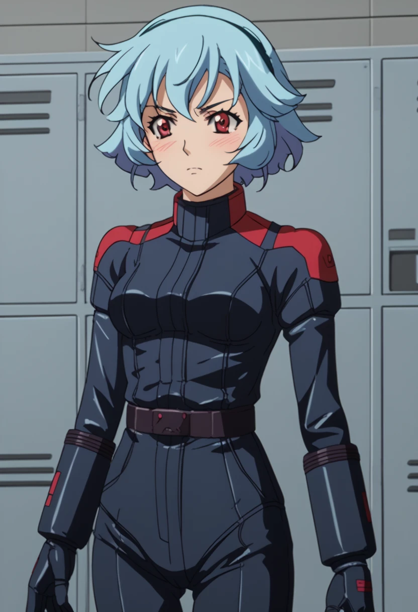 Z Gundam pilot suit, ( black pilot suit for piloting a machine:1.5) 、,score_9、 score_8_ up、 score_7_ up、 Destroys Top Quality 、 Refined details 、  Source Anime  、  1 girl、、solo、No more dressing、 short hair、 blue hair、 red eyes、locker room,salute、serious、blush