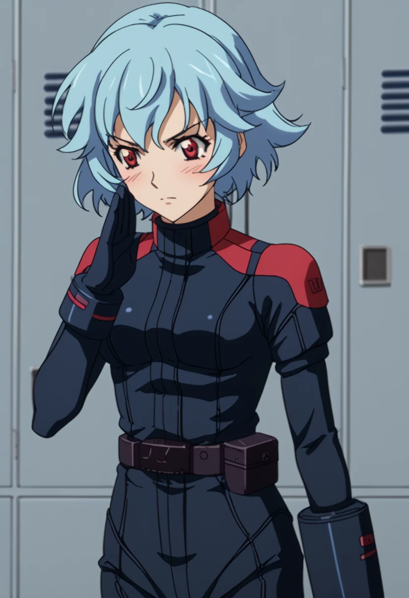 Z Gundam pilot suit, ( black pilot suit for piloting a machine:1.5) 、,score_9、 score_8_ up、 score_7_ up、 Destroys Top Quality 、 Refined details 、  Source Anime  、  1 girl、、solo、No more dressing、 short hair、 blue hair、 red eyes、locker room,salute、serious、blush